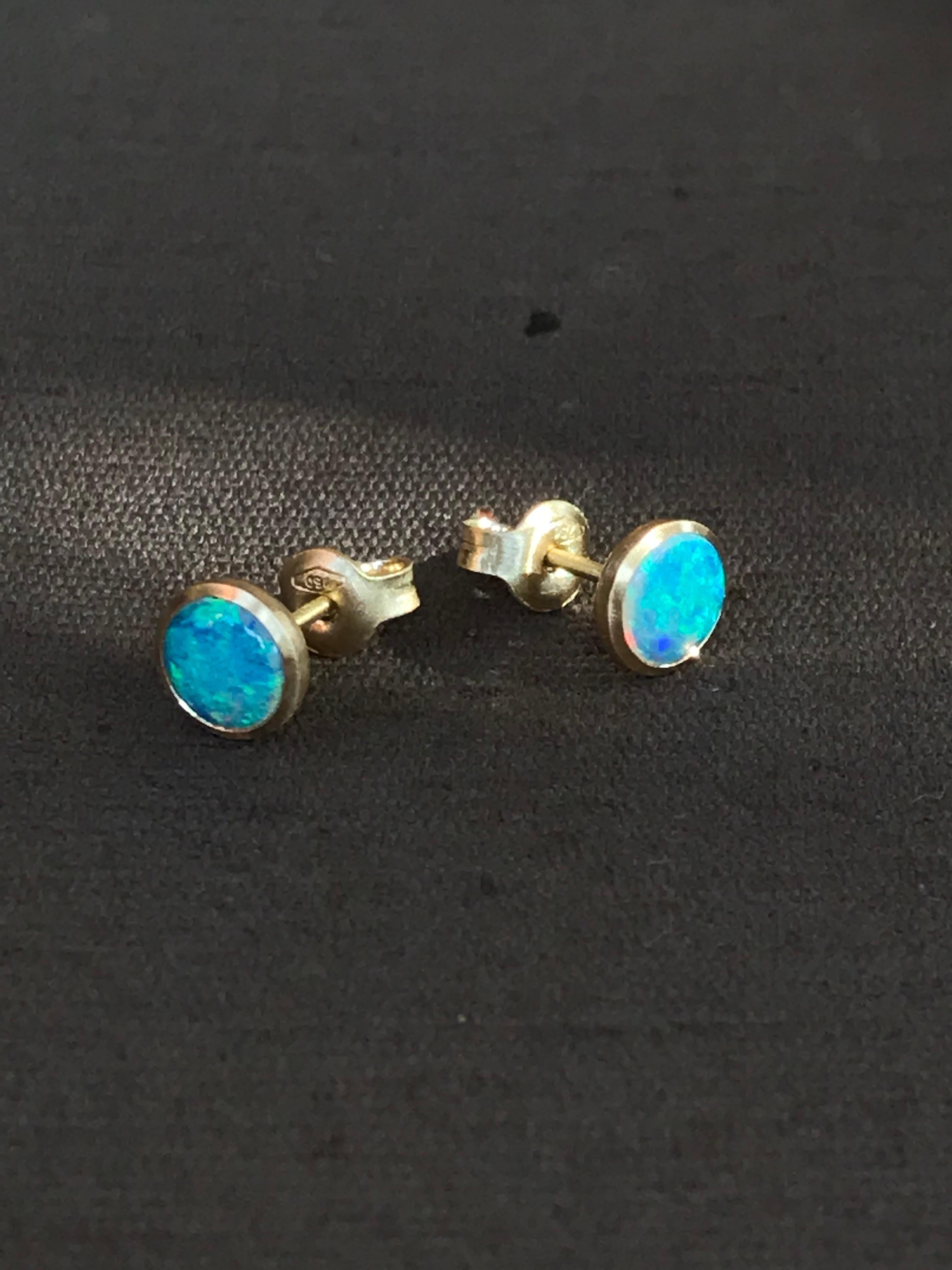 Dalben Round Shape Australian Opal Yellow Gold Earrings For Sale 3