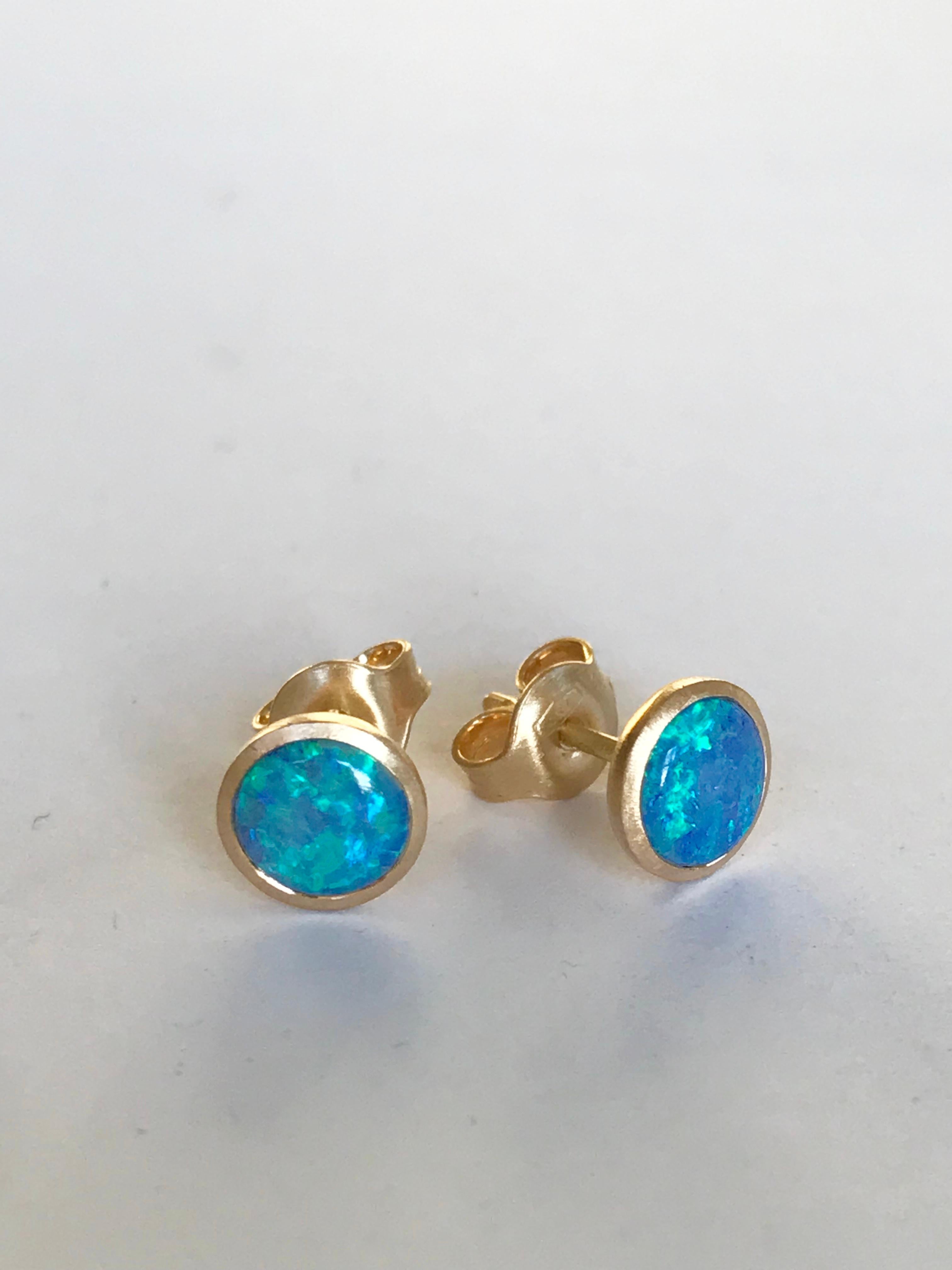 Cabochon Dalben Round Shape Australian Opal Yellow Gold Earrings For Sale