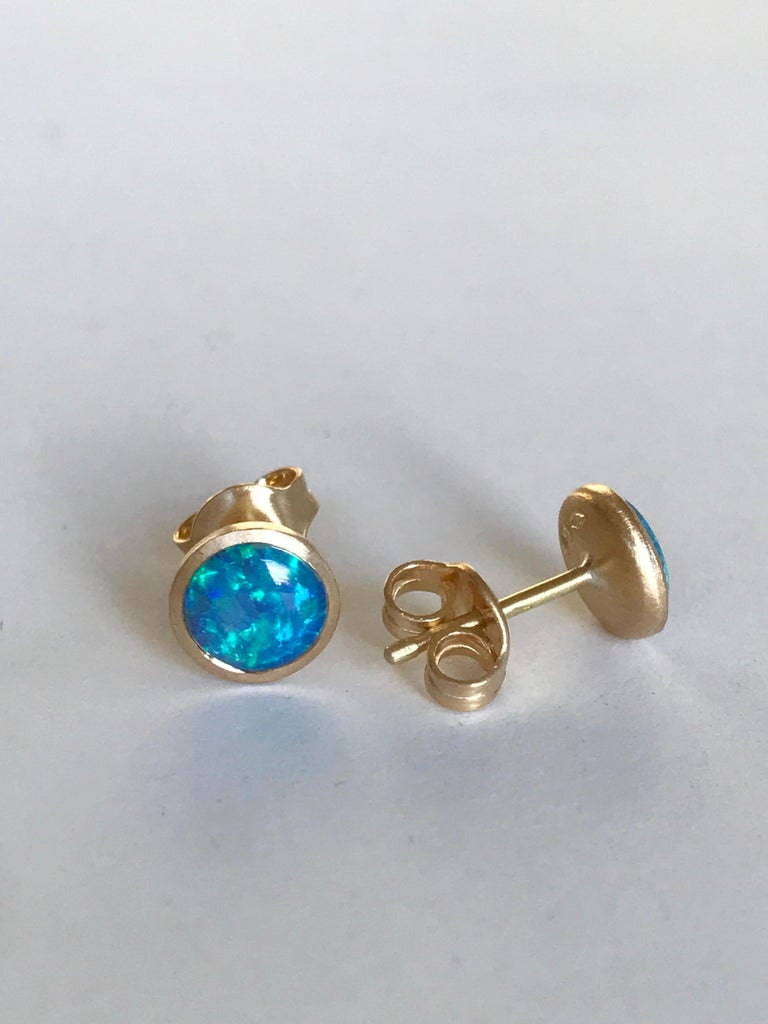 Dalben Round Shape Australian Opal Yellow Gold Earrings 2