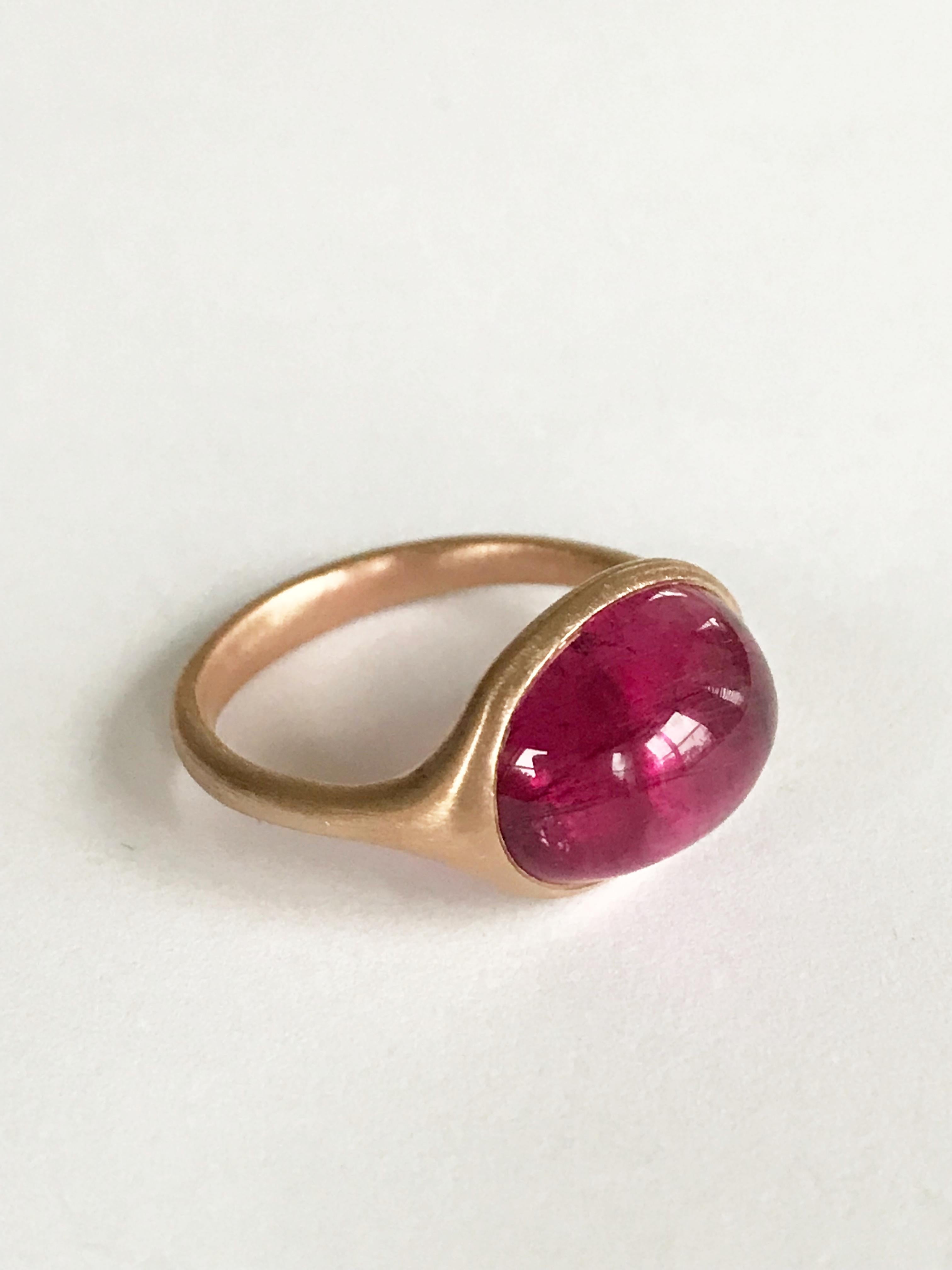 Dalben design  18k rose gold matte finishing ring with a 7,64 carat bezel-set oval cabochon cut Rubellite (red tourmaline) . 
Ring size 7 1/4 USA - EU 55 re-sizable to most finger sizes. 
Bezel stone dimensions :
height 11,4 mm
width 15 mm
The ring