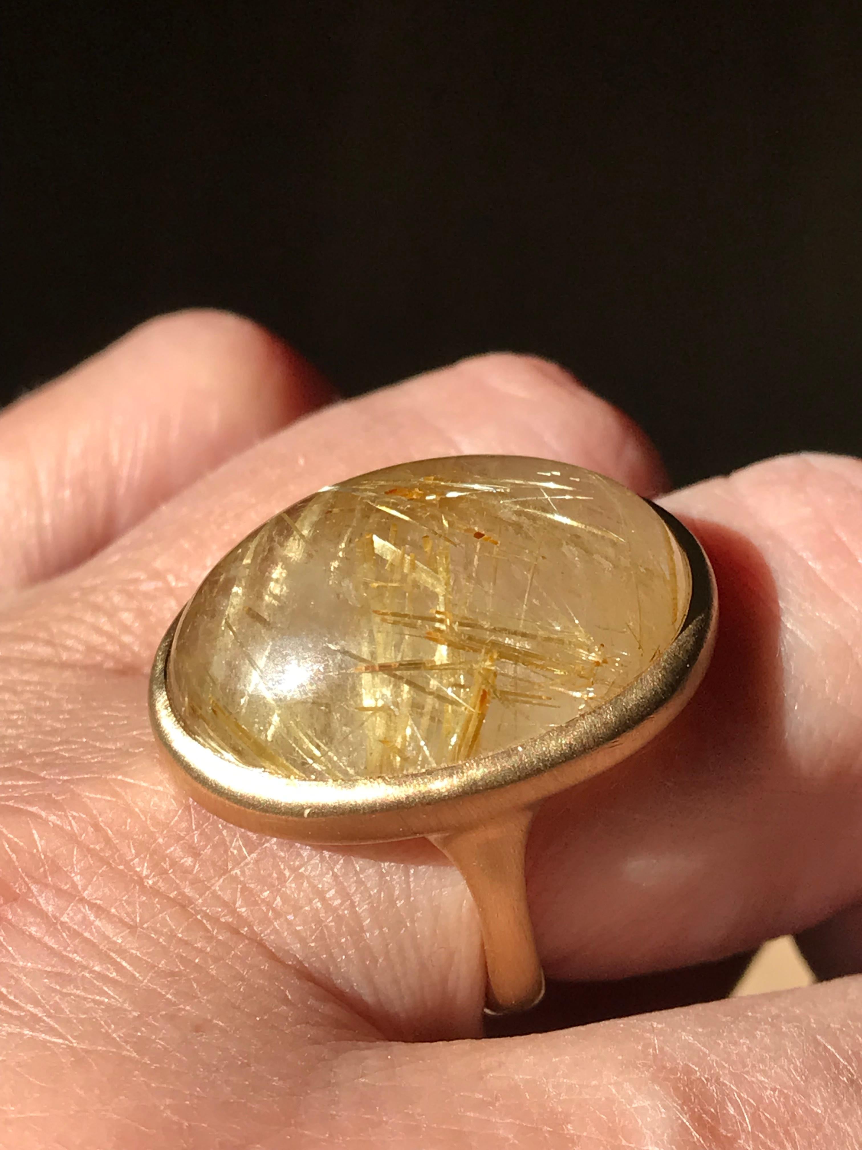 18k brushed yellow gold rutilated quartz cabochon ring