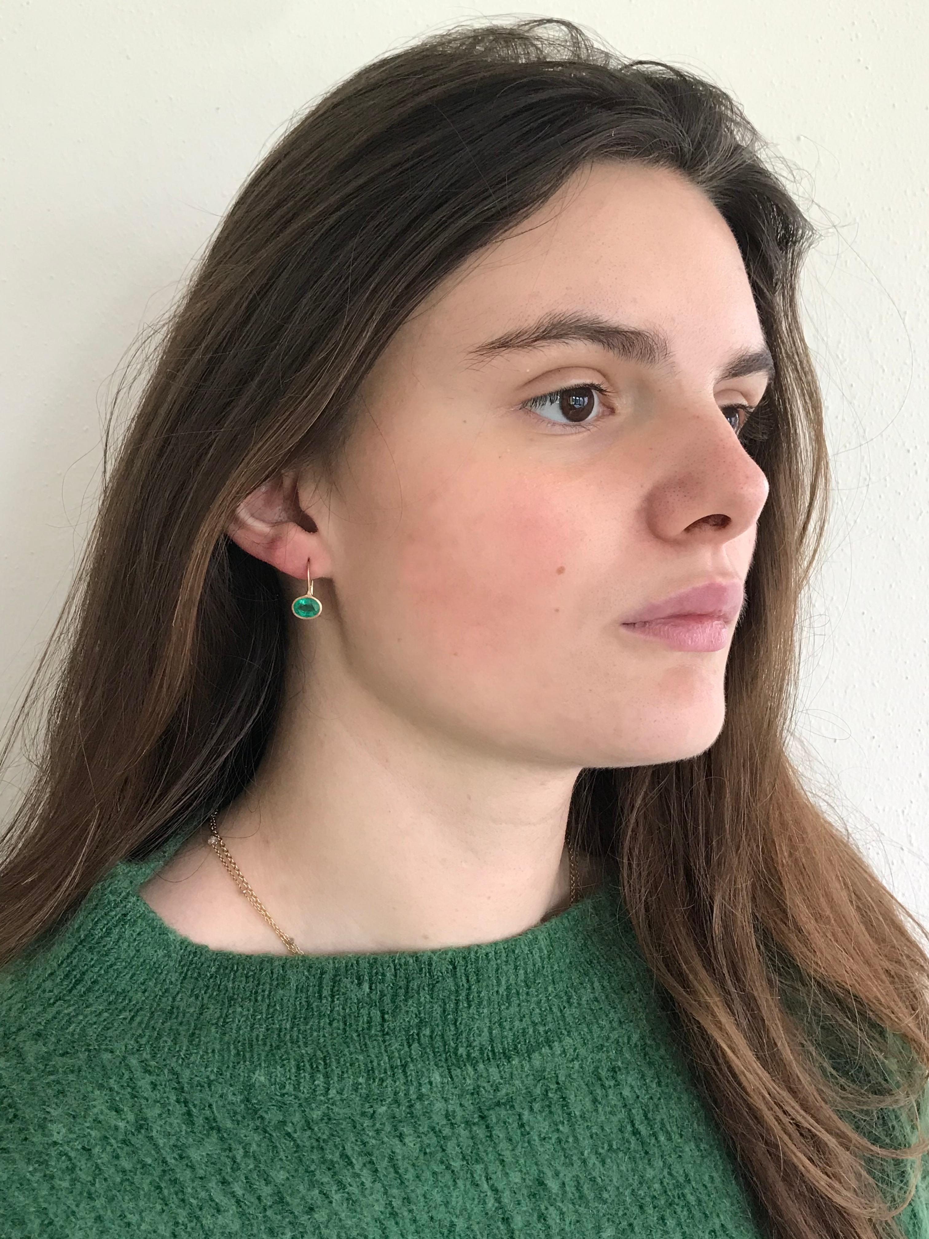 Dalben design  18k rose gold matte finishing earrings with two bezel-set oval faceted cut  small emerald weight 2,63 carats . 
Bezel stone dimensions :
 width 9  mm
height without leverback 7,6  mm
height with leverback 17,3 mm
The earrings has been