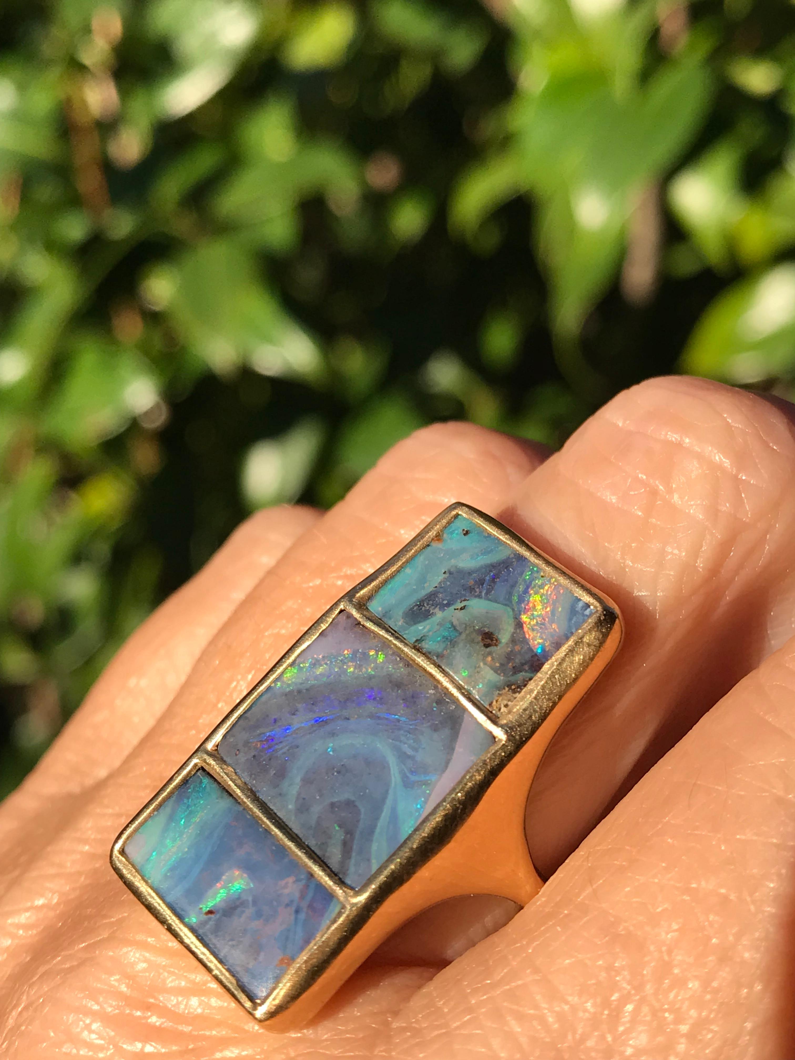 Contemporary Dalben Three Boulder Opal Gold Ring