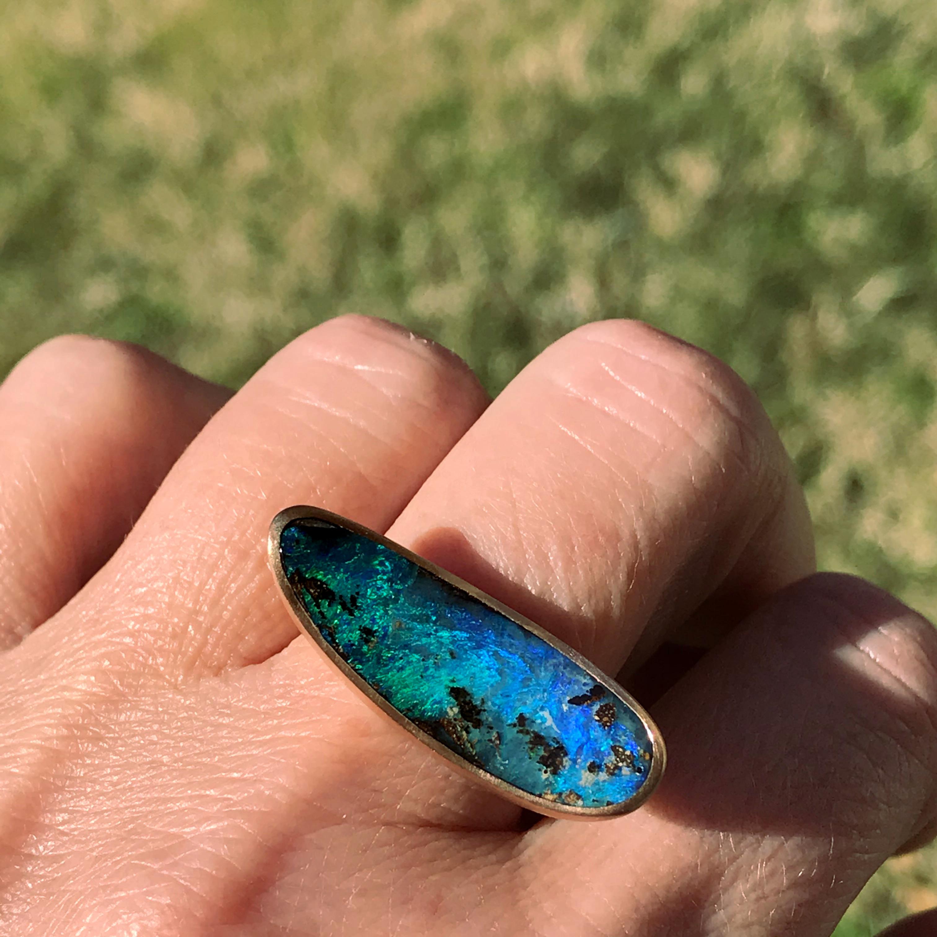 Rough Cut Dalben Very Long Boulder Opal Rose Gold Ring For Sale