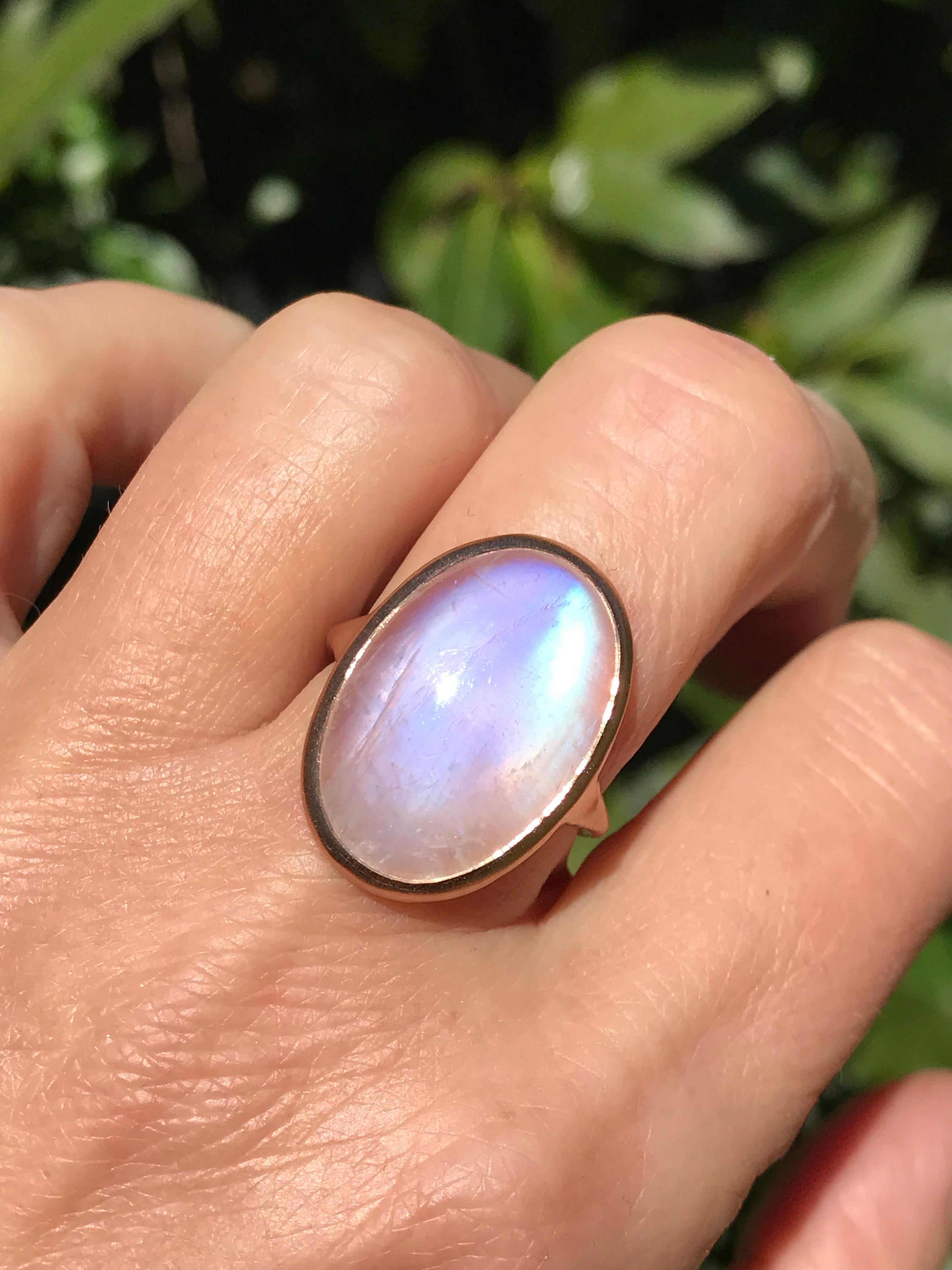 Dalben design One of a kind 18 kt rose  gold ring with an oval cabochon white moonstone weight 10,94 carats  .
The white moonstone has  wonderful blue reflex 
Ring size  US 7 1/4   - EU 55 re-sizable .  
Bezels setting dimension:  
max width 16,2