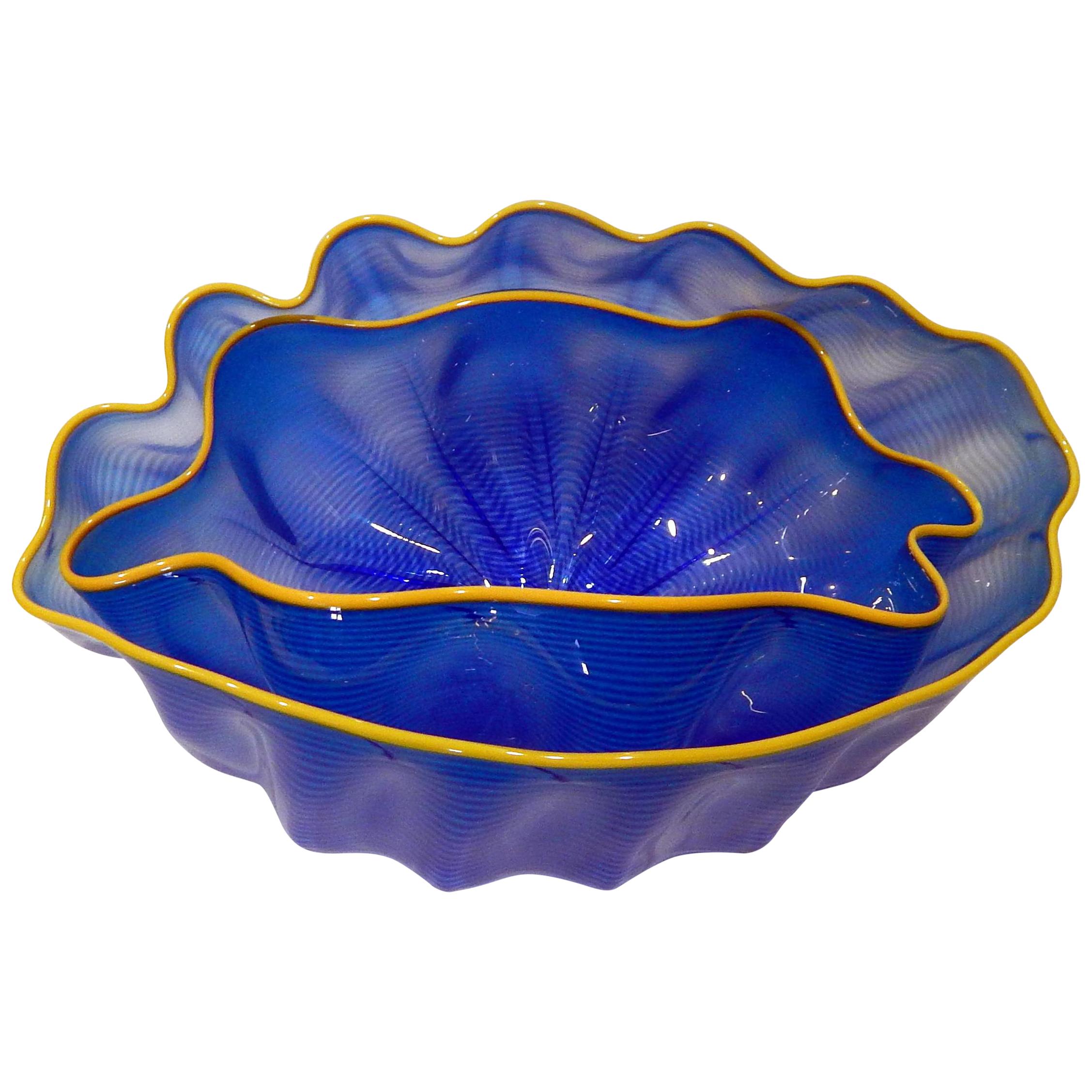 Dale Chihuly Art Glass, 2-Piece Blue Seaform Basket Set, circa 2000