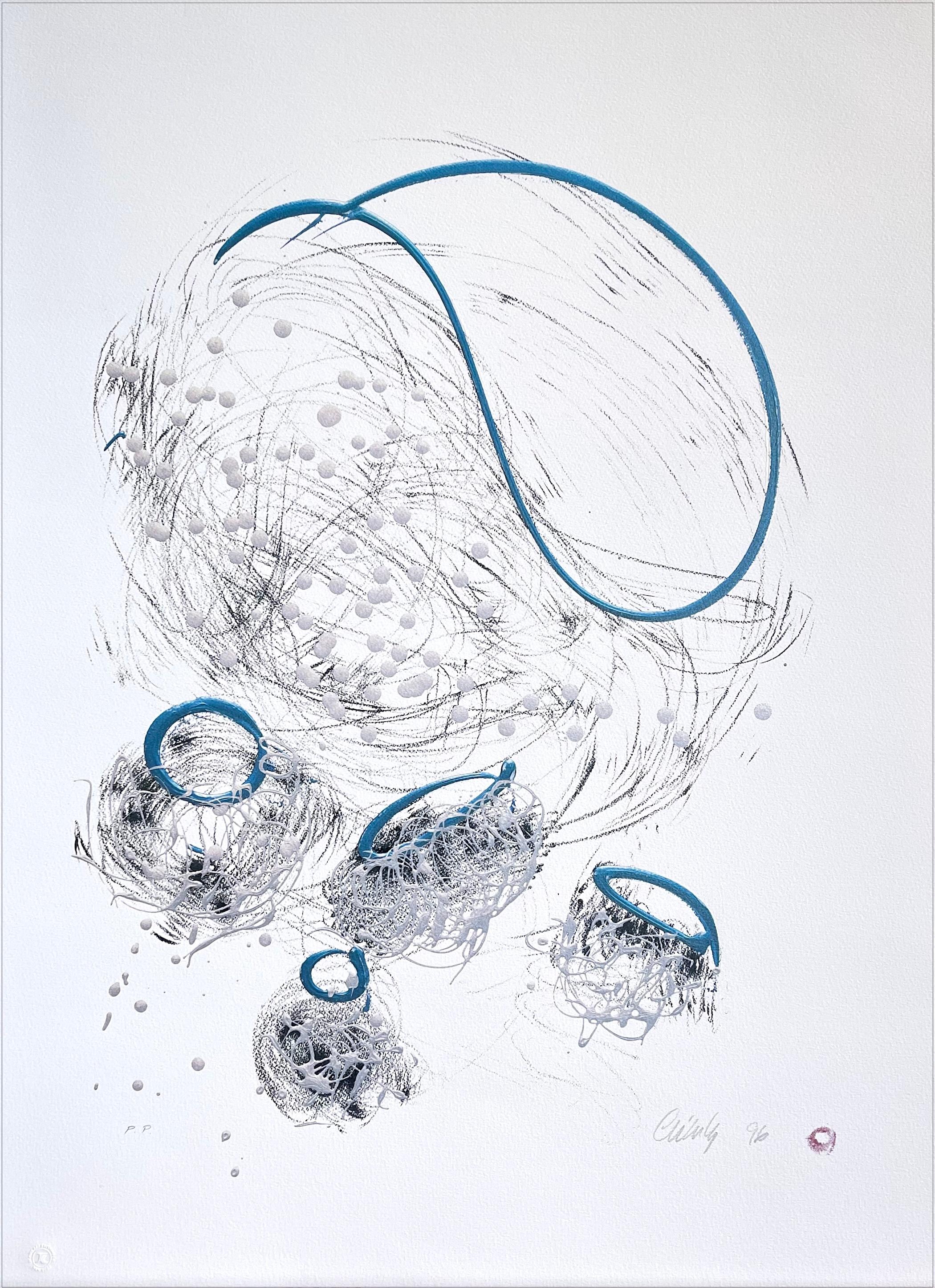 BASKET DRAWING Signed Lithograph Free-form Abstract Drawing Graphite Pearl Blue