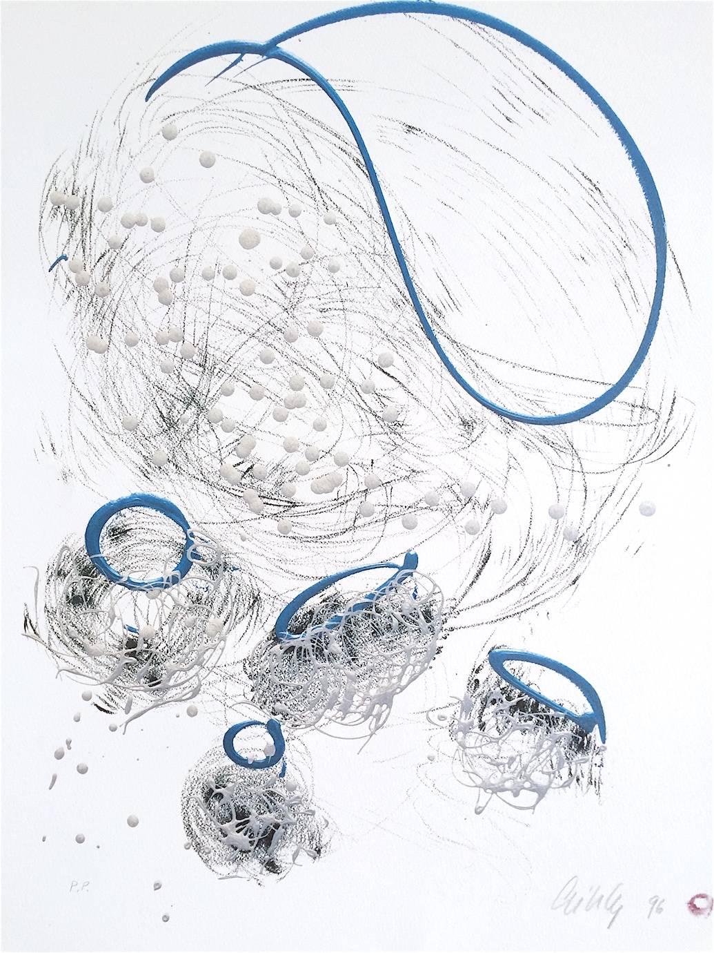 BASKET DRAWING Signed Lithograph Free-form Abstract Drawing Graphite Pearl Blue - Print by Dale Chihuly