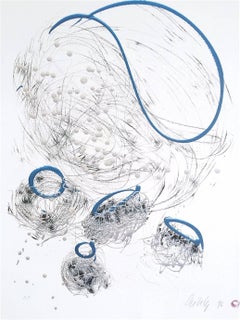 DIBUJO DE CESTA Litografía firmada Dibujo abstracto de forma libre Grafito Azul perla