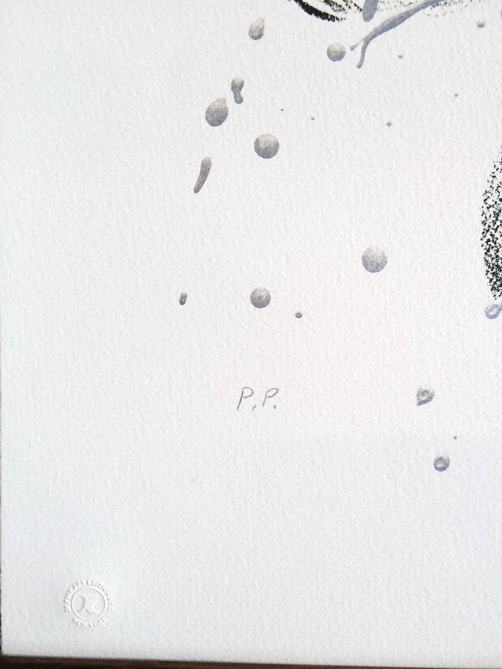 BASKET DRAWING Signed Lithograph Free-form Abstract Drawing Graphite Pearl Blue For Sale 1