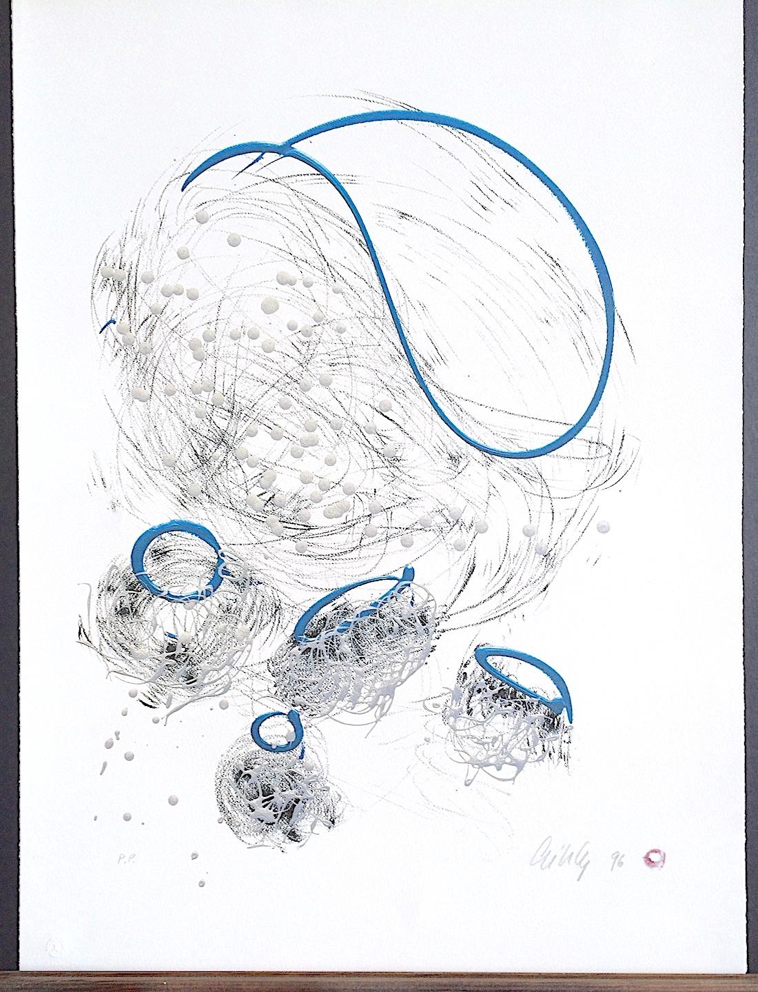 Lithographie de forme abstraite dessinée en graphite, bleu perle, signée  en vente 2