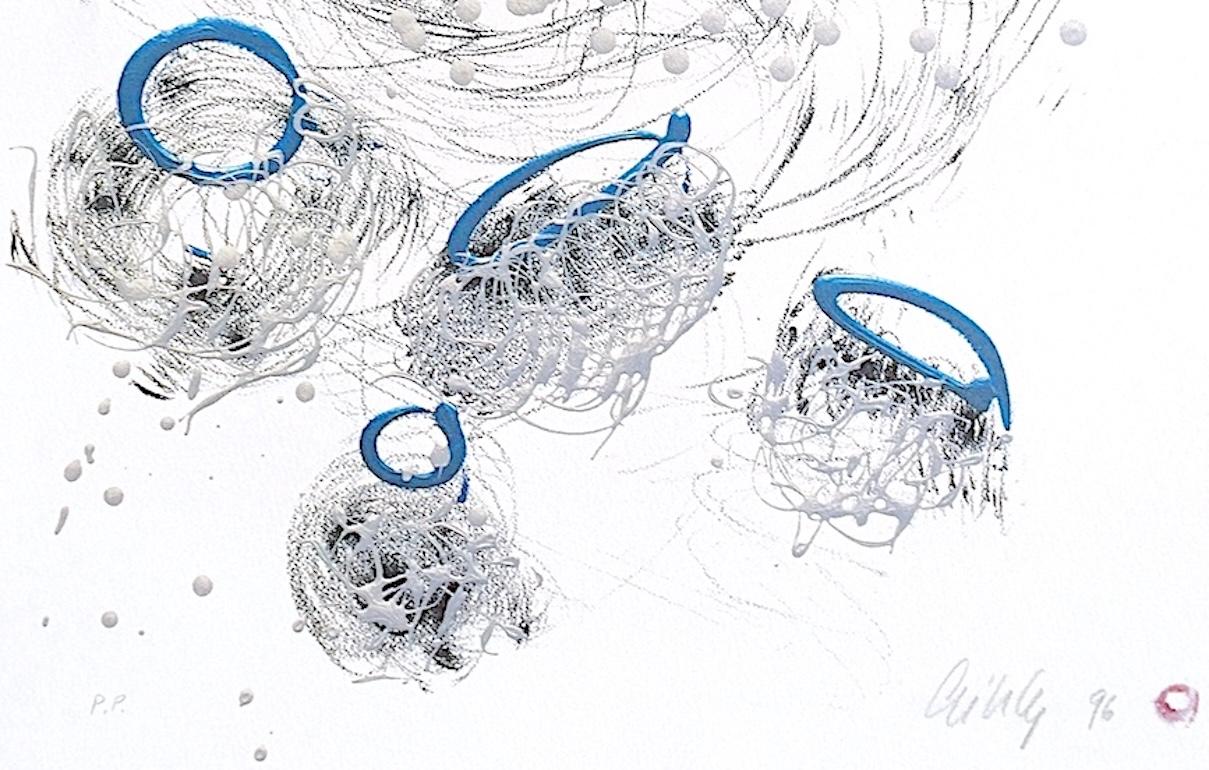 BASKET DRAWING Signed Lithograph Free-form Abstract Drawing Graphite Pearl Blue For Sale 3