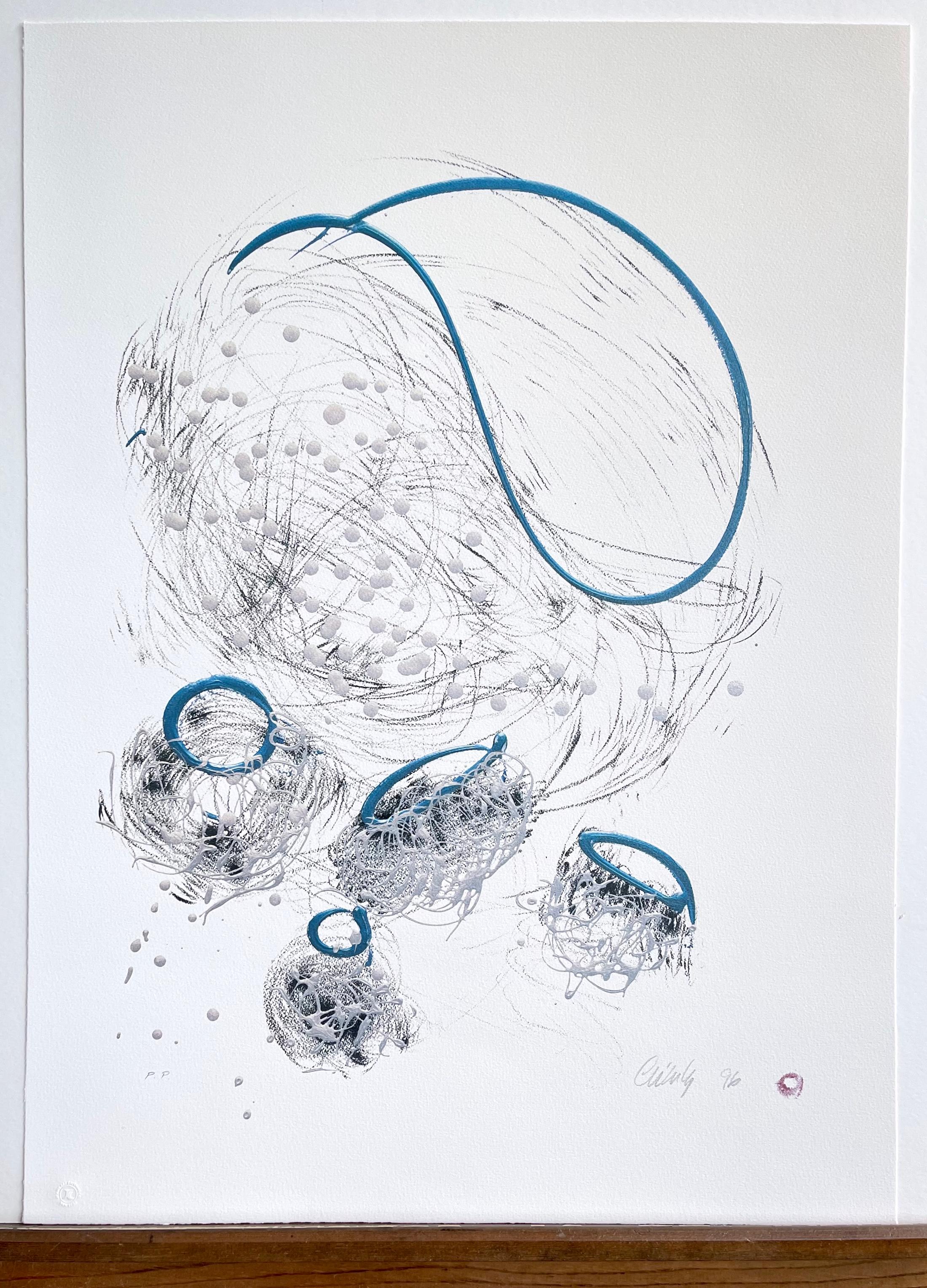 BASKET DRAWING Signed Lithograph Free-form Abstract Drawing Graphite Pearl Blue For Sale 1