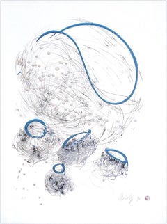 Lithographie de forme abstraite dessinée en graphite, bleu perle, signée 