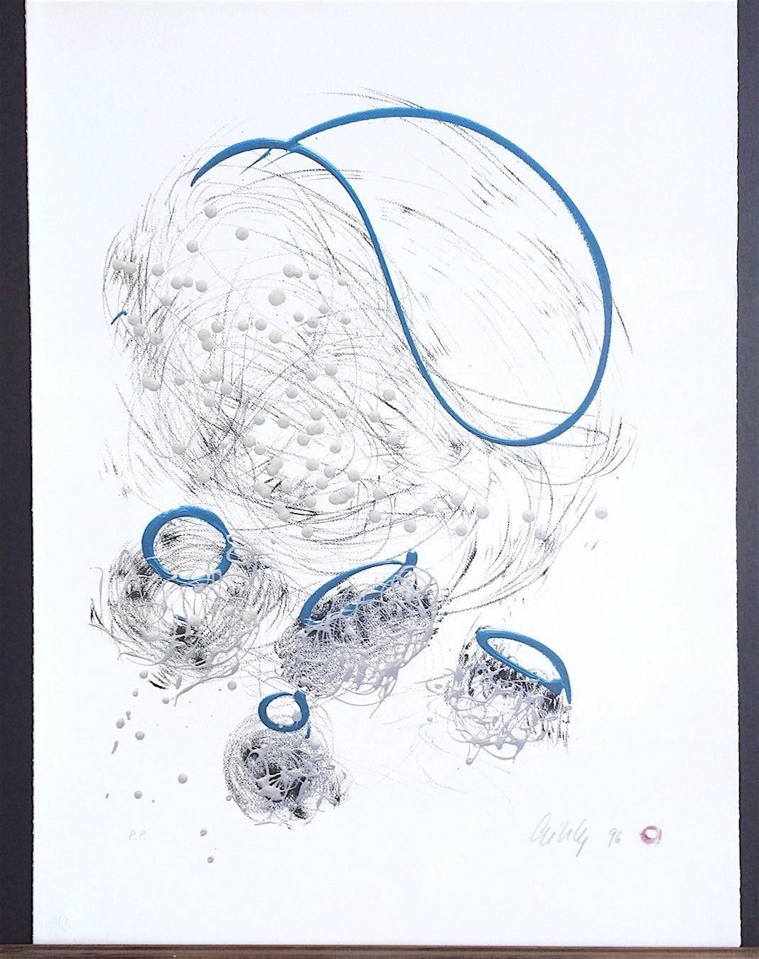BASKET DRAWING Signed Lithograph w Pearlescent Ink, Abstract Free Form Basket 1