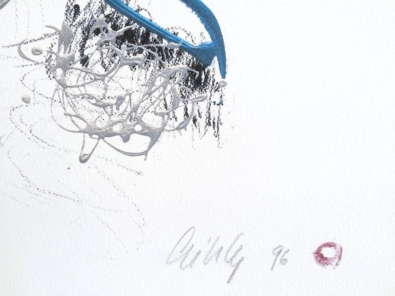 BASKET DRAWING Signed Lithograph, Abstract Basket, Graphite, Blue, Pearl For Sale 2