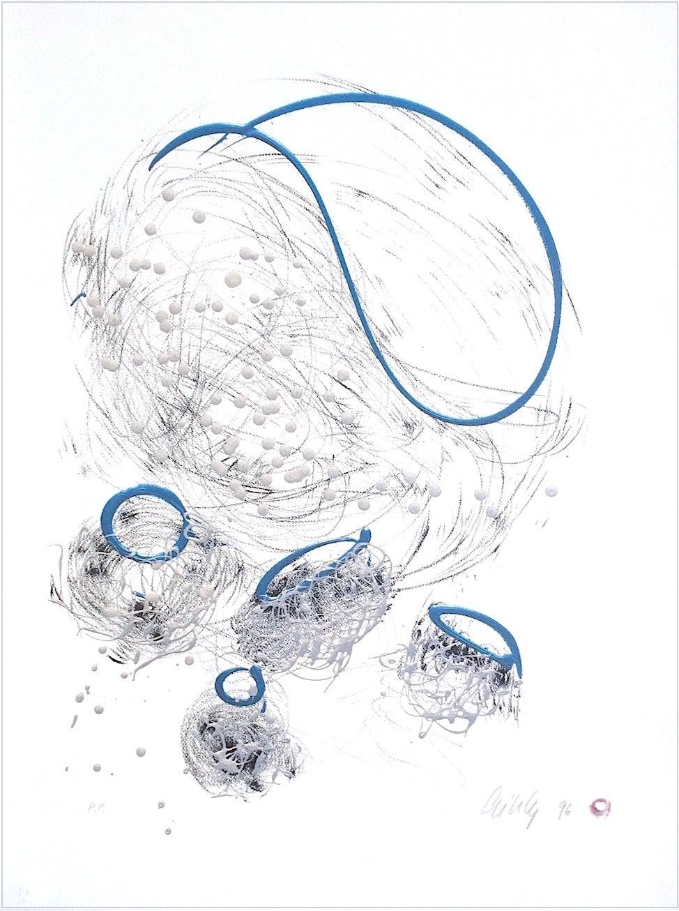 Dale Chihuly Print - BASKET DRAWING Signed Lithograph, Freeform Basket, Pearlescent blue accents 