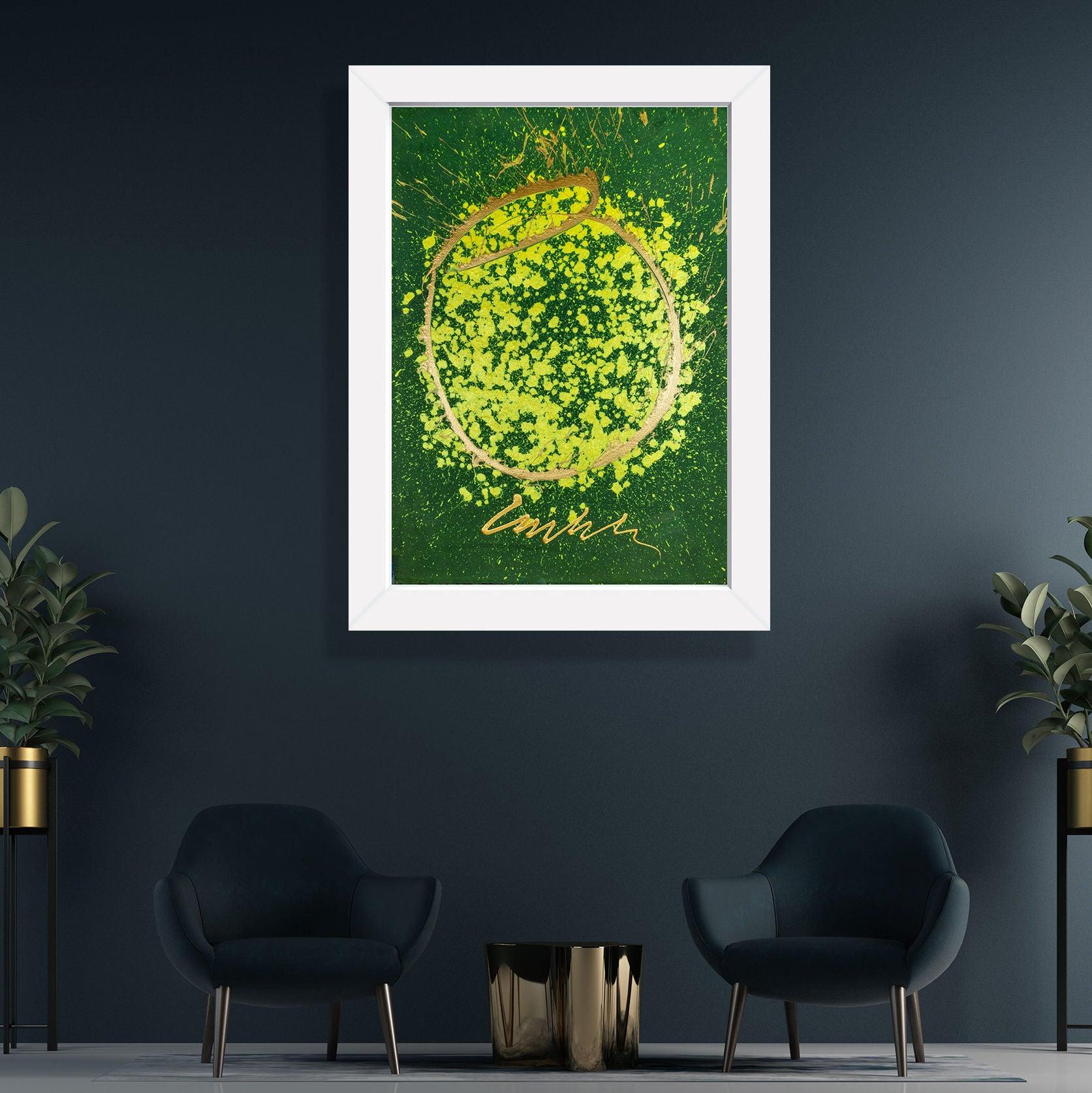 Dale Chihuly Original Signed Painting Large 42" Green Yellow and Gold Basket