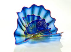 Chihuly Signed 1997 Four Pc Handblown Glass Blue Persian Set w/ Red Lip Wrap