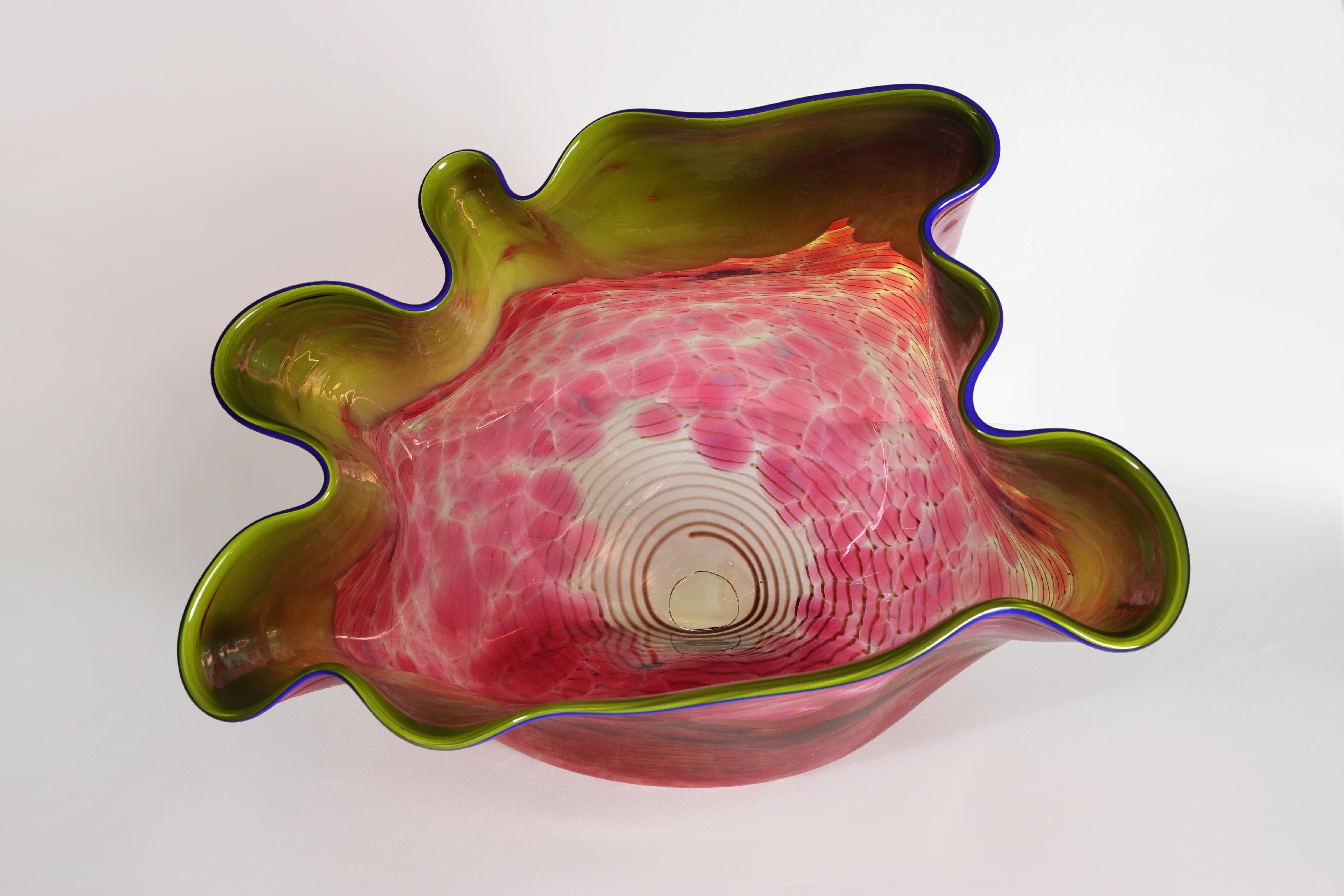 Cranberry and Chartreuse Macchia with Lapis Lip Wrap - Sculpture by Dale Chihuly