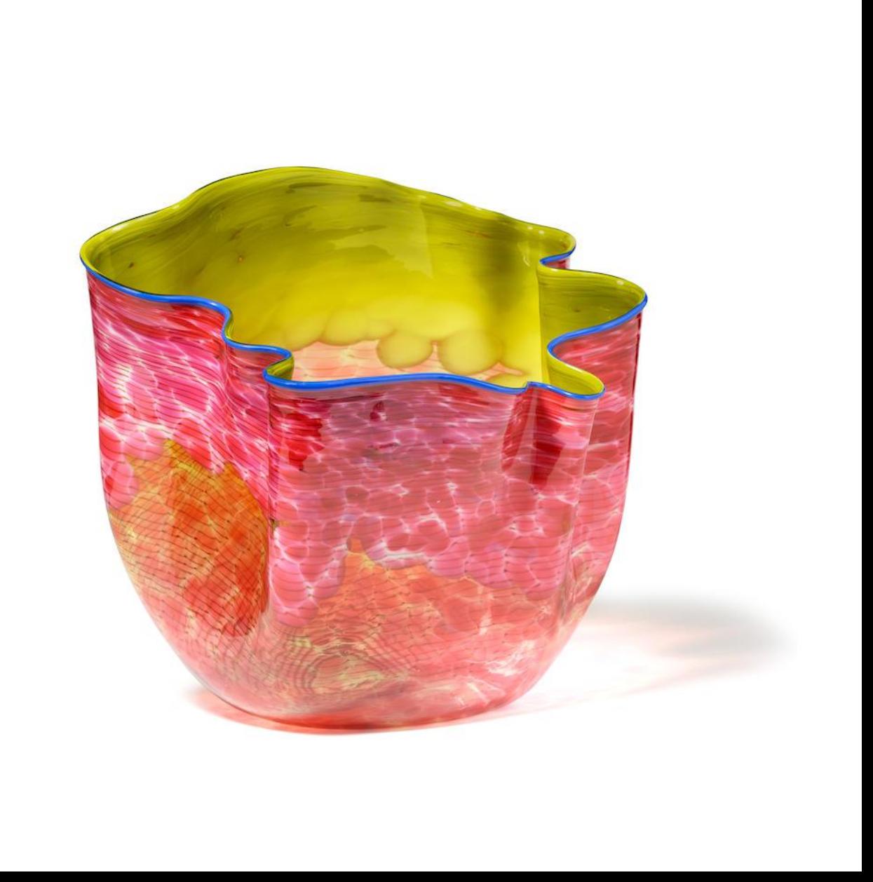 Dale Chihuly
Cranberry and Chartreuse Macchia with Lapis Lip Wrap
1984
Blown Glass 
16 x 18 x 18 in

Dale Chihuly is a contemporary American glassblower whose large-scale installations can be found on permanent display in institutions worldwide.