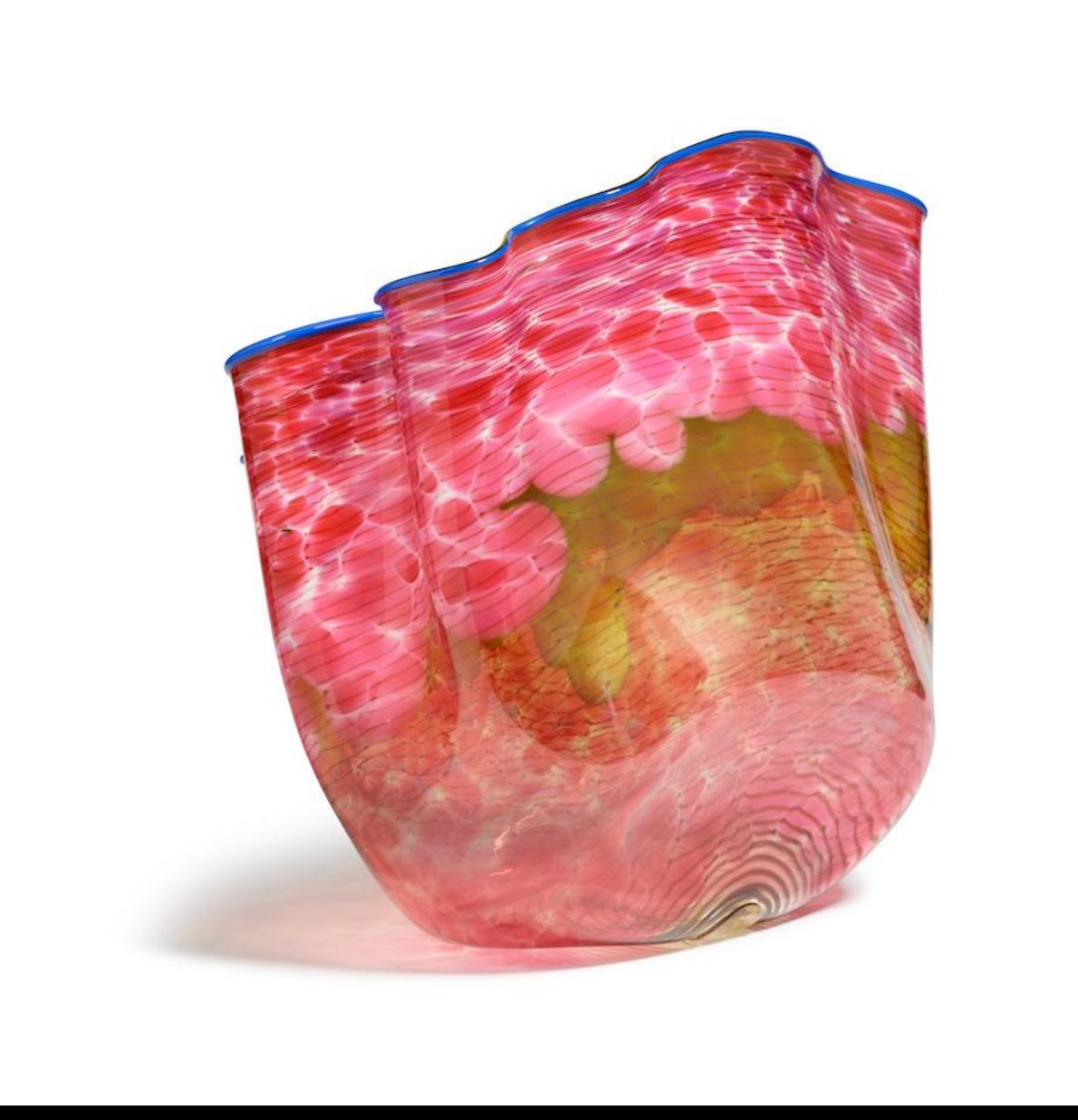 Cranberry and Chartreuse Macchia with Lapis Lip Wrap - Contemporary Sculpture by Dale Chihuly