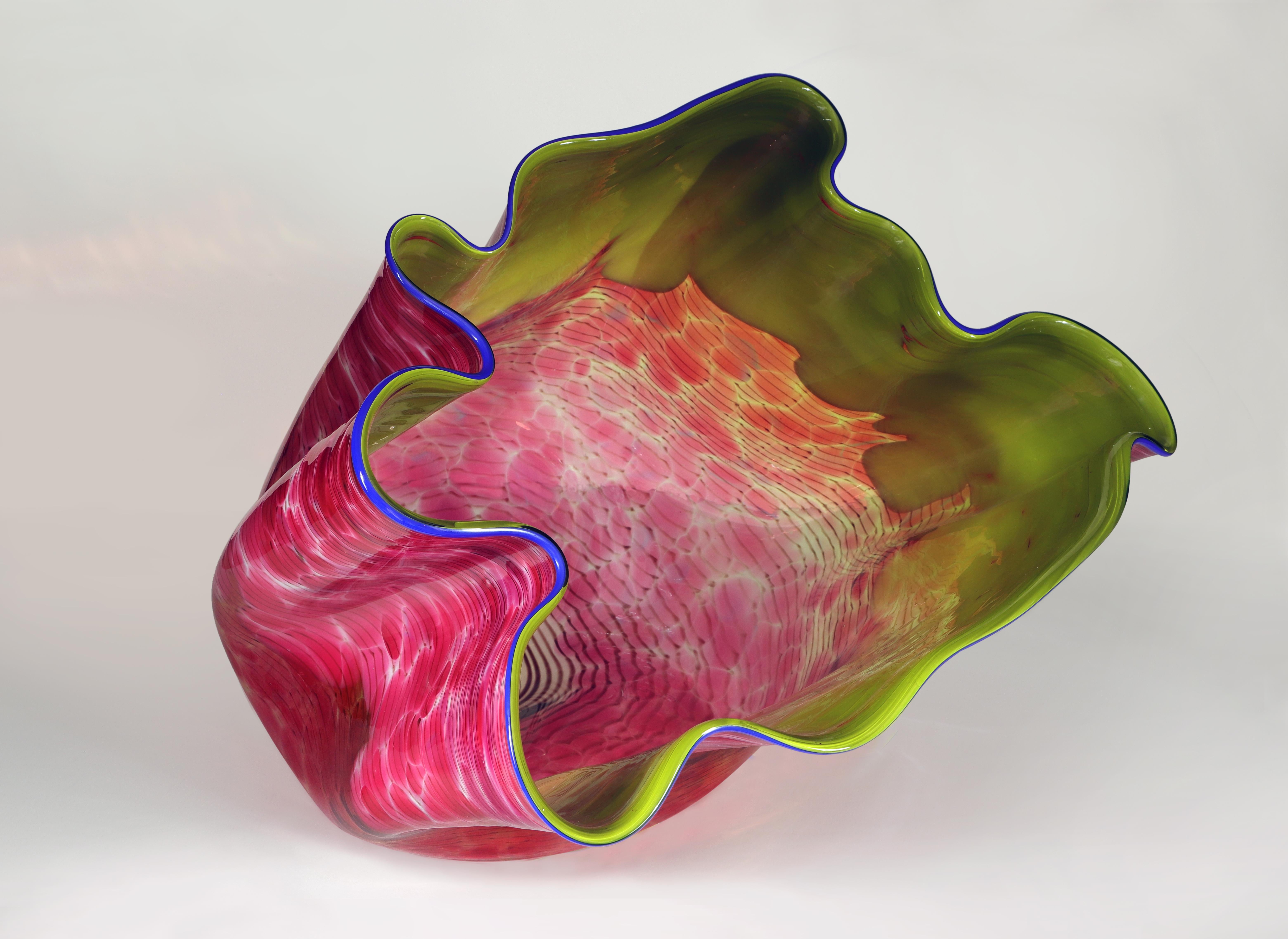 Dale Chihuly Still-Life Sculpture - Cranberry and Chartreuse Macchia with Lapis Lip Wrap