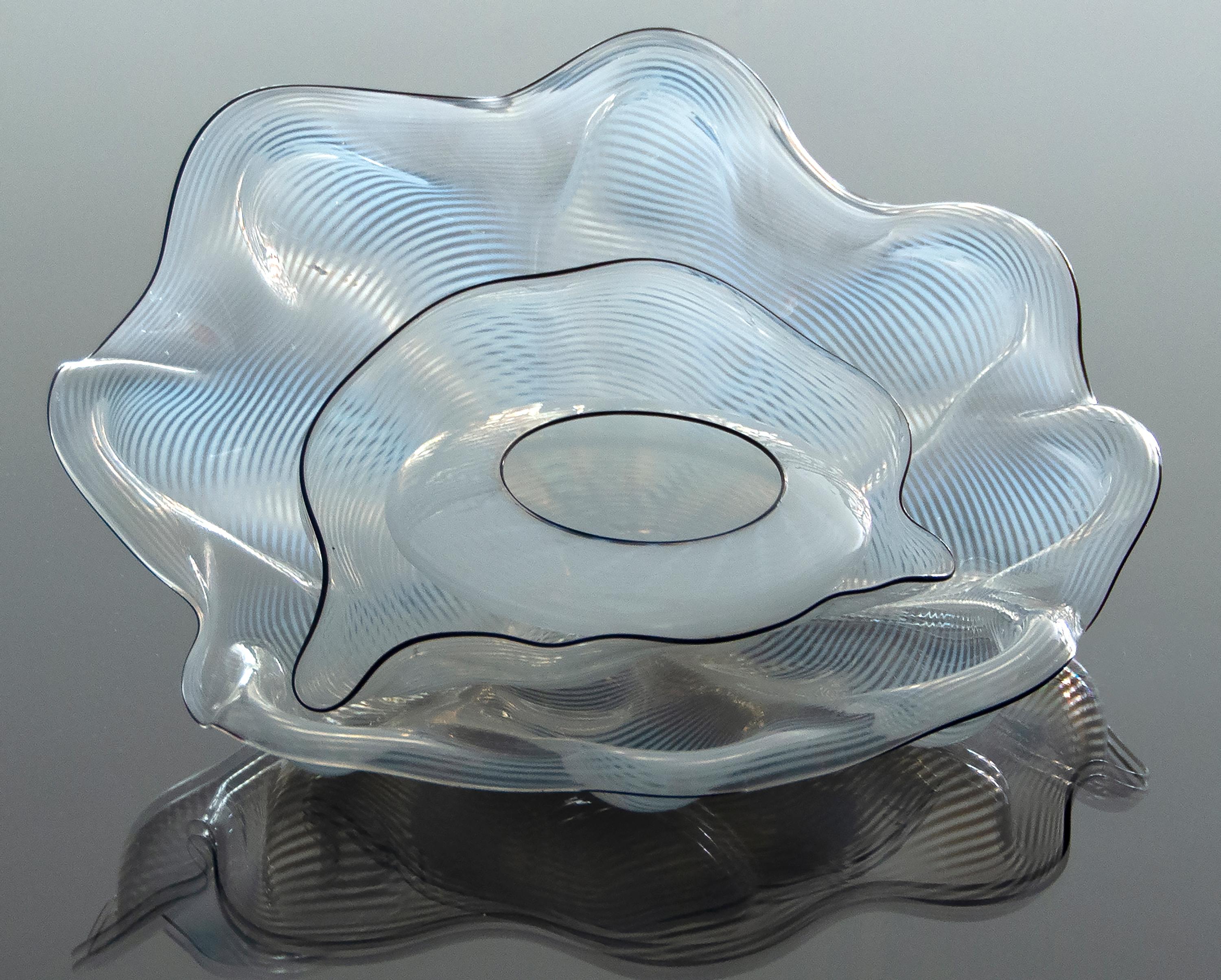 Dale Chihuly Abstract Sculpture - White Seaform with Black Lip Wraps