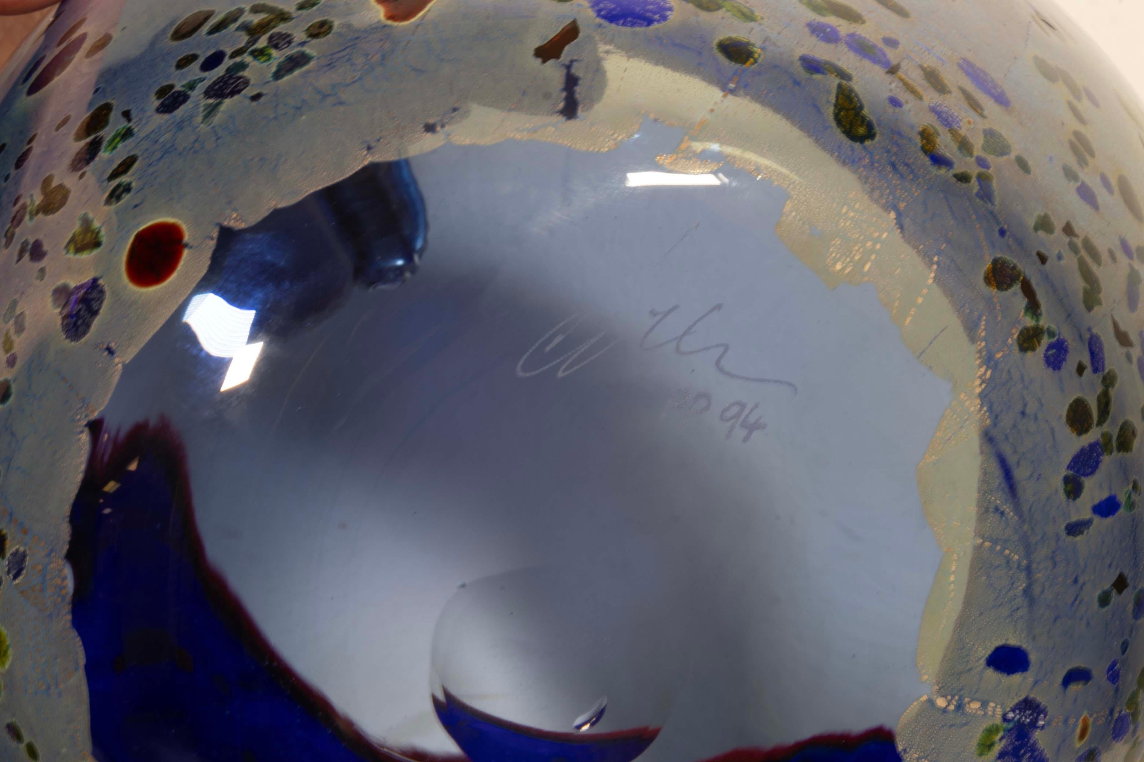 Dale Chihuly Signed Cobalt Blue Cadmium Red Lip Glass Basket Vase 1994 w/ Case 2