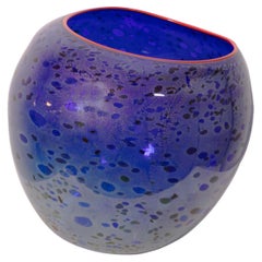 Vintage Dale Chihuly Signed Cobalt Blue Cadmium Red Lip Glass Basket Vase 1994 w/ Case