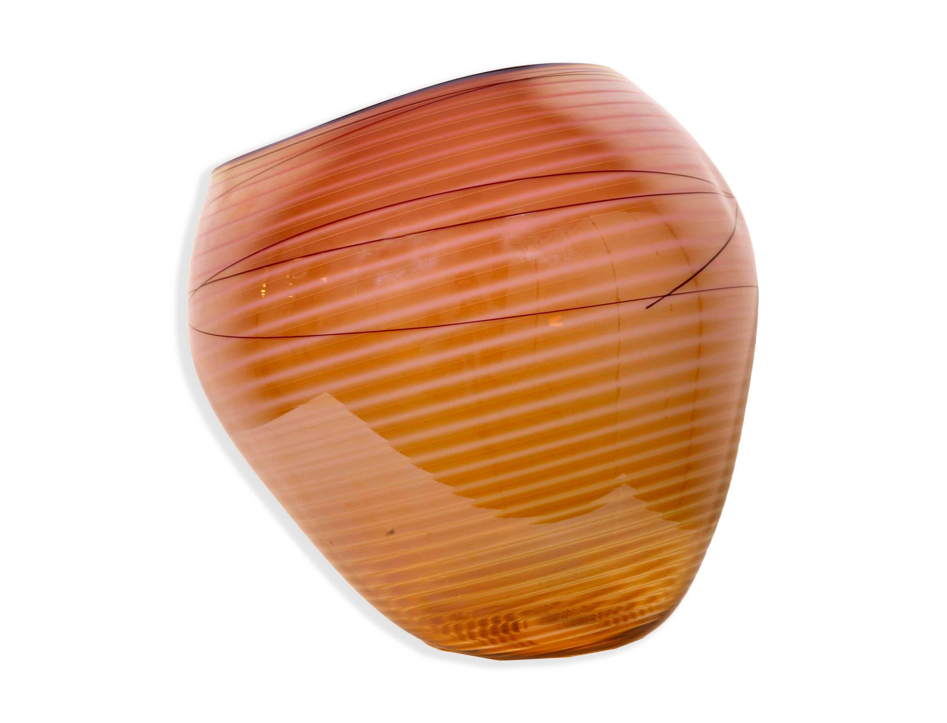 American Dale Chihuly Signed Coral with Stripe Design Glass Basket Vase 1998 w/ Case