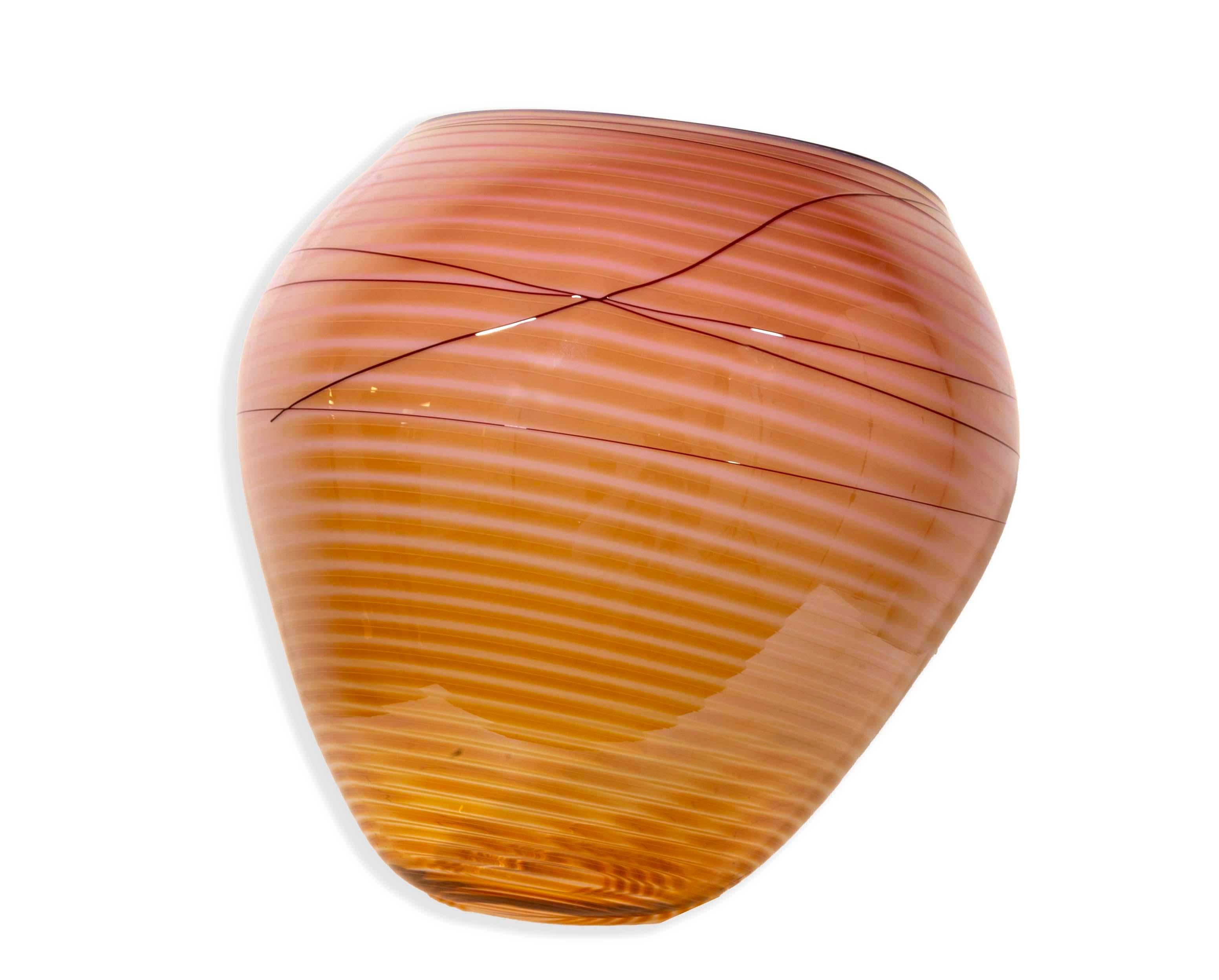Dale Chihuly Signed Coral with Stripe Design Glass Basket Vase 1998 w/ Case In Good Condition In Keego Harbor, MI