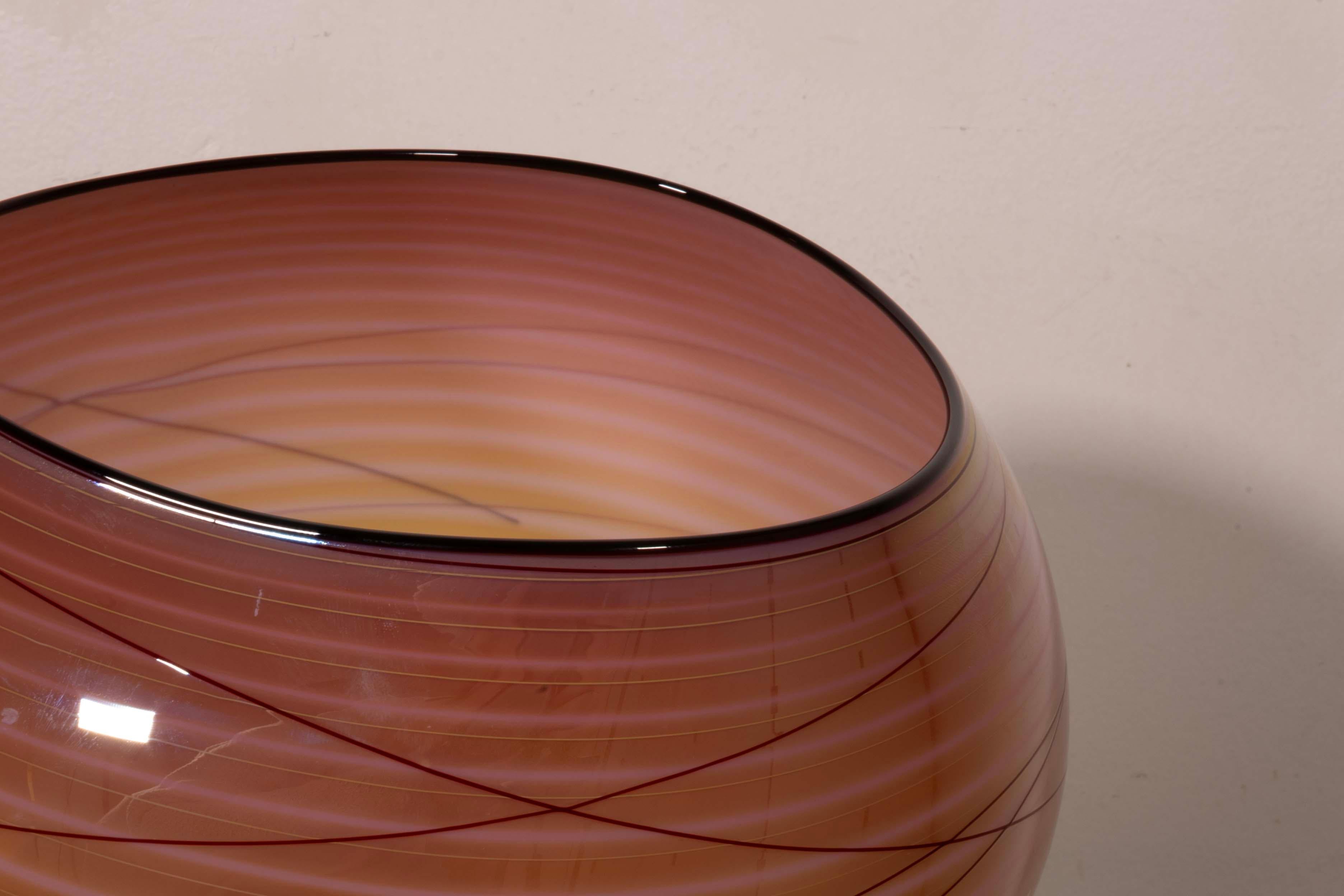 Dale Chihuly Signed Coral with Stripe Design Glass Basket Vase 1998 w/ Case 1