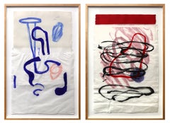 Abstrakte Collage und Tuschegemälde der amerikanischen Moderne, Rosa, Rot, Blau, Paar