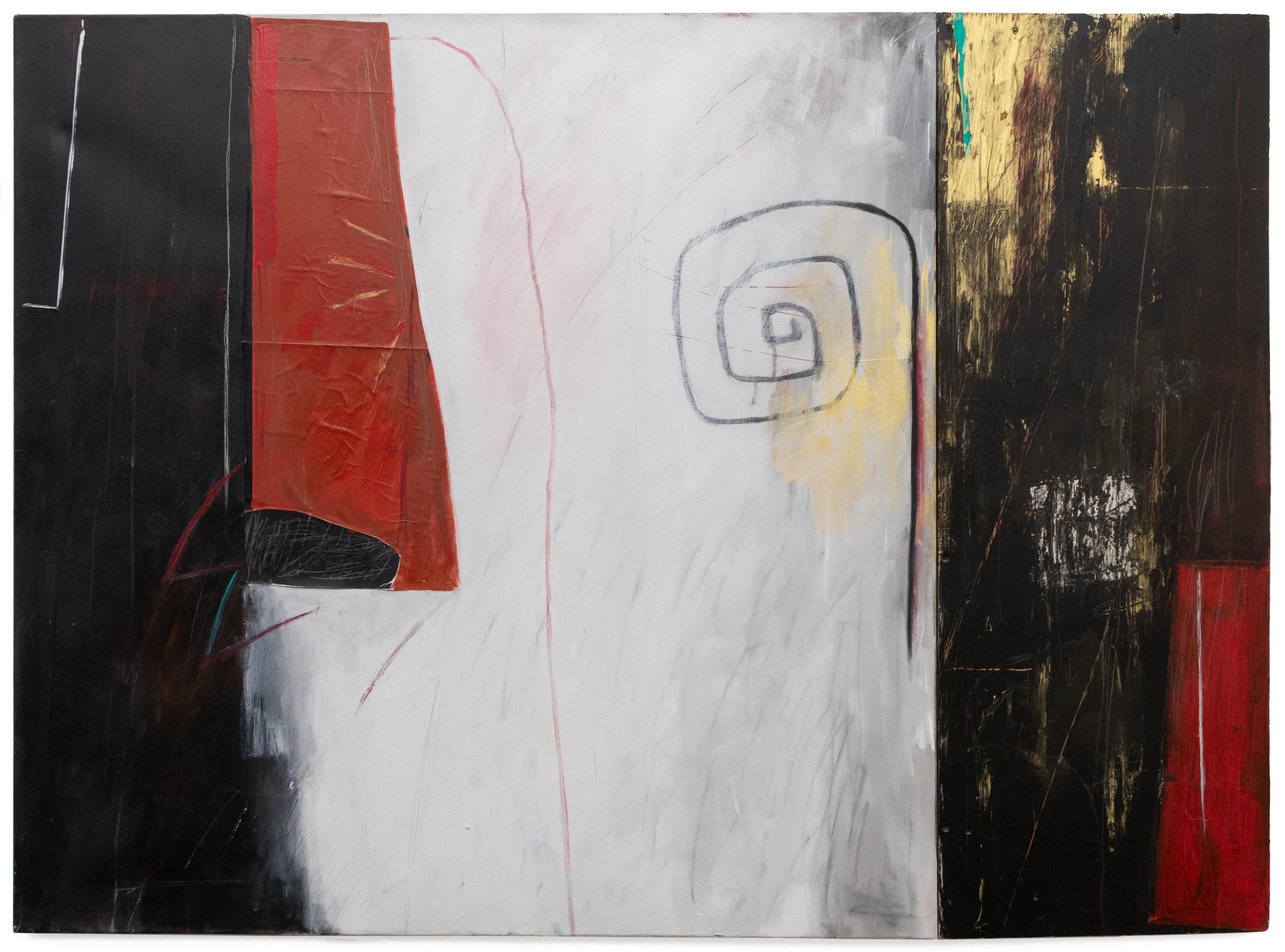1987 Óleo audaz y collage de Dale Chisman - Técnica mixta abstracta negra, roja y blanca en venta 1