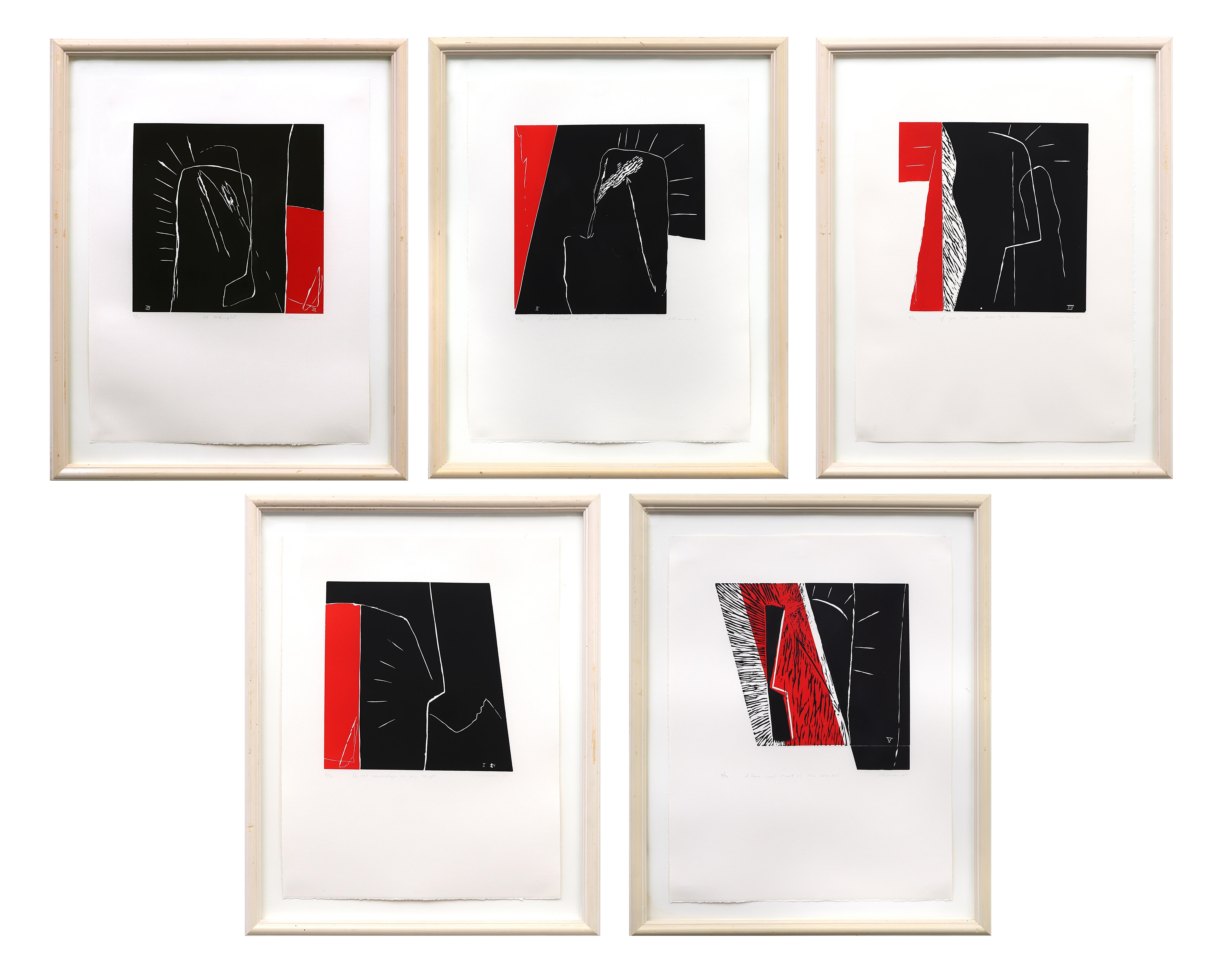 Groupe de cinq lithographies abstraites des années 1980 intitulées individuellement, rouges et noires