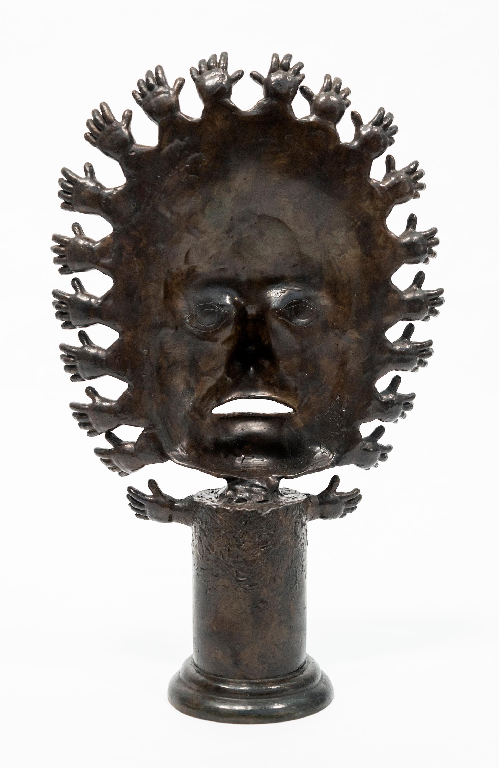 Benediction - figurative, face, hands, mask, tribal, cast bronze sculpture For Sale 7