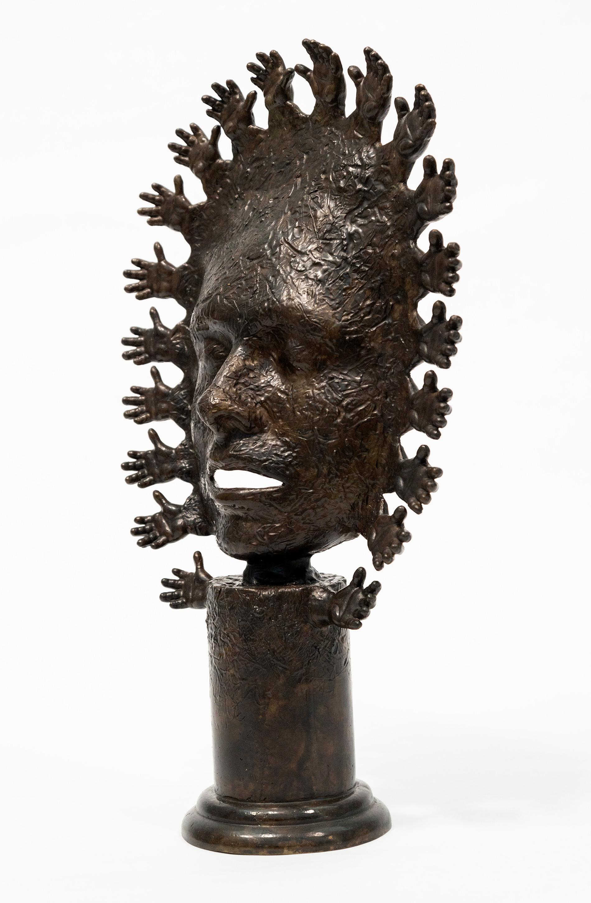 Benediction - figurative, face, hands, mask, tribal, cast bronze sculpture - Contemporary Sculpture by Dale Dunning