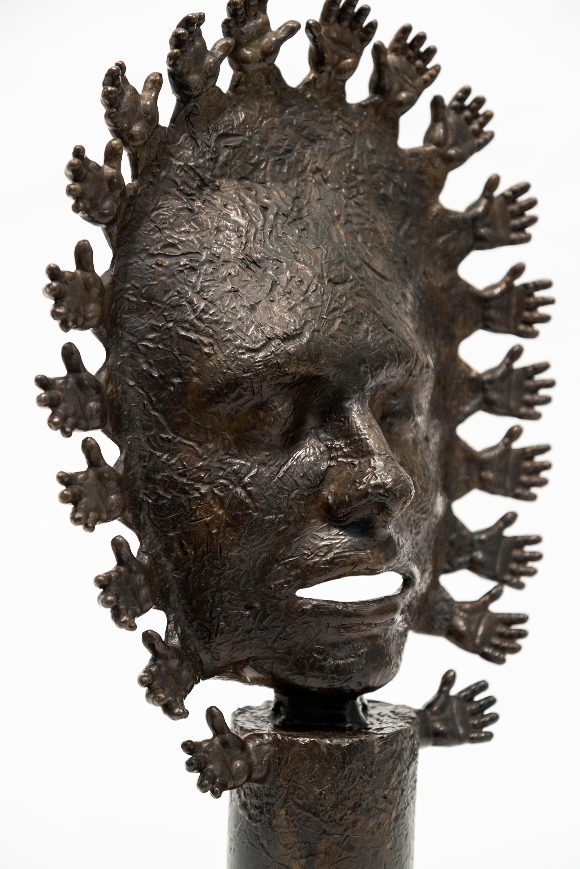 Benediction - figurative, face, hands, mask, tribal, cast bronze sculpture For Sale 1