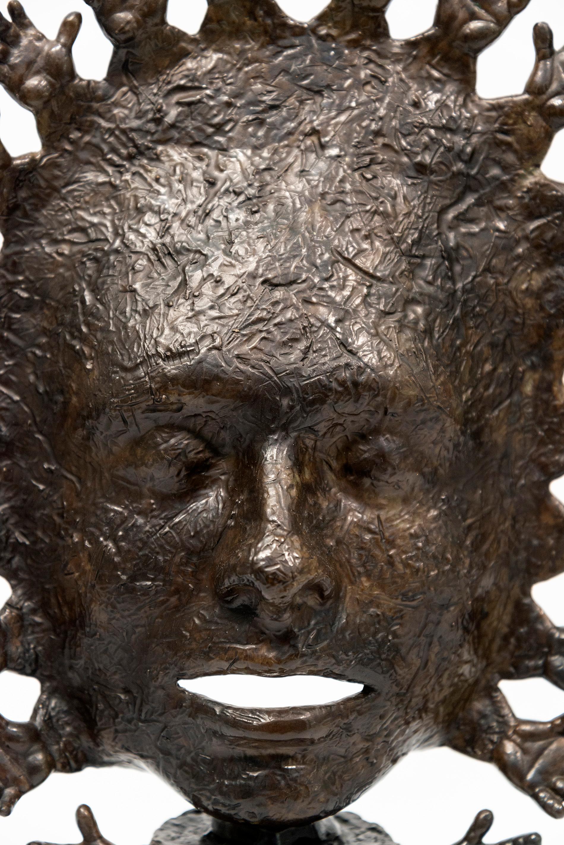Benediction - figurative, face, hands, mask, tribal, cast bronze sculpture For Sale 3