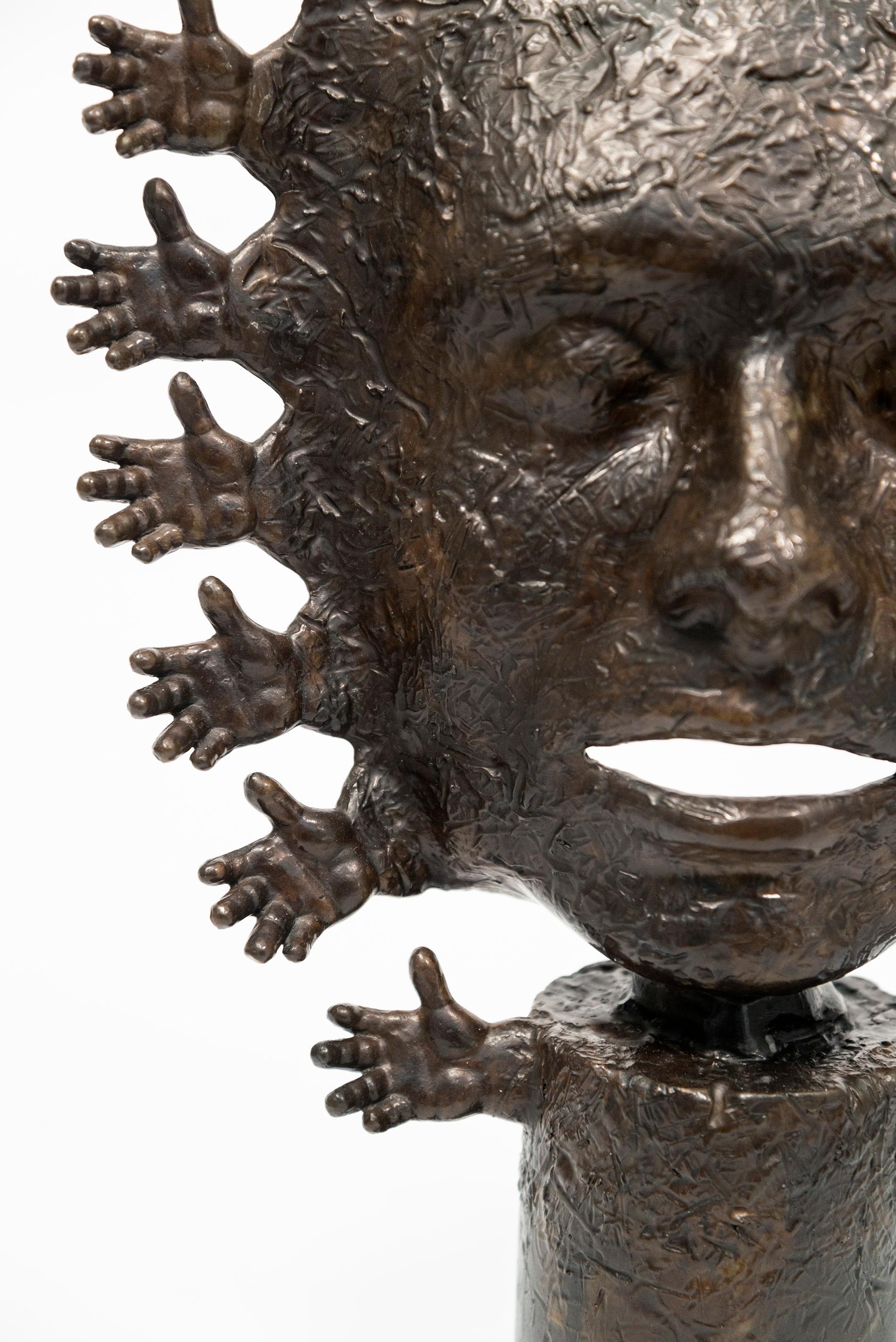 Benediction - figurative, face, hands, mask, tribal, cast bronze sculpture For Sale 4