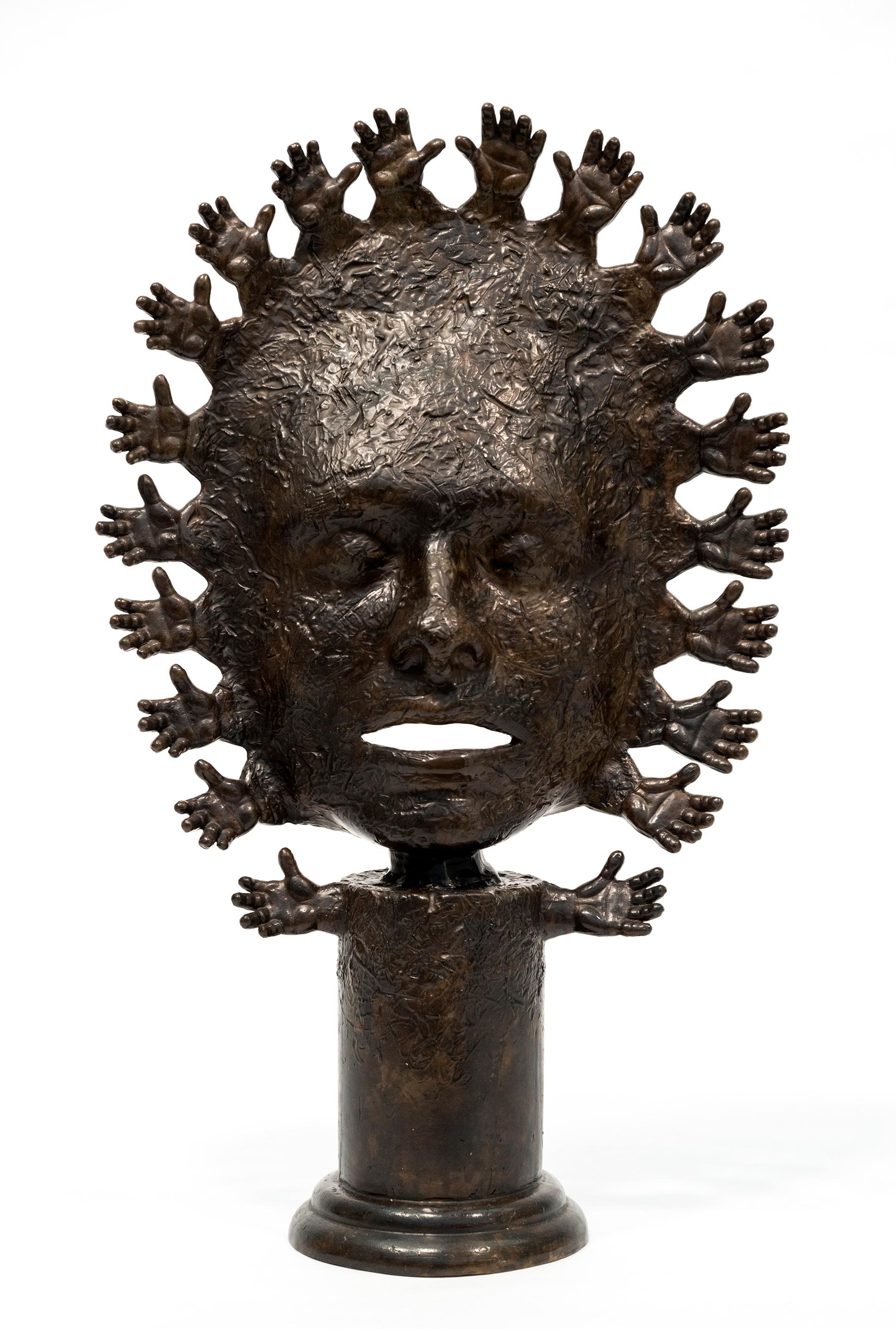 Benediction - figurative, face, hands, mask, tribal, cast bronze sculpture - Sculpture by Dale Dunning