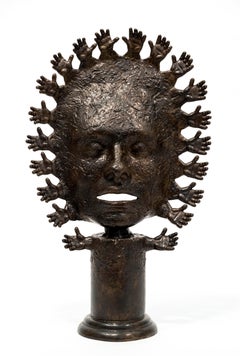 Benediction - figurative, face, hands, mask, tribal, cast bronze sculpture
