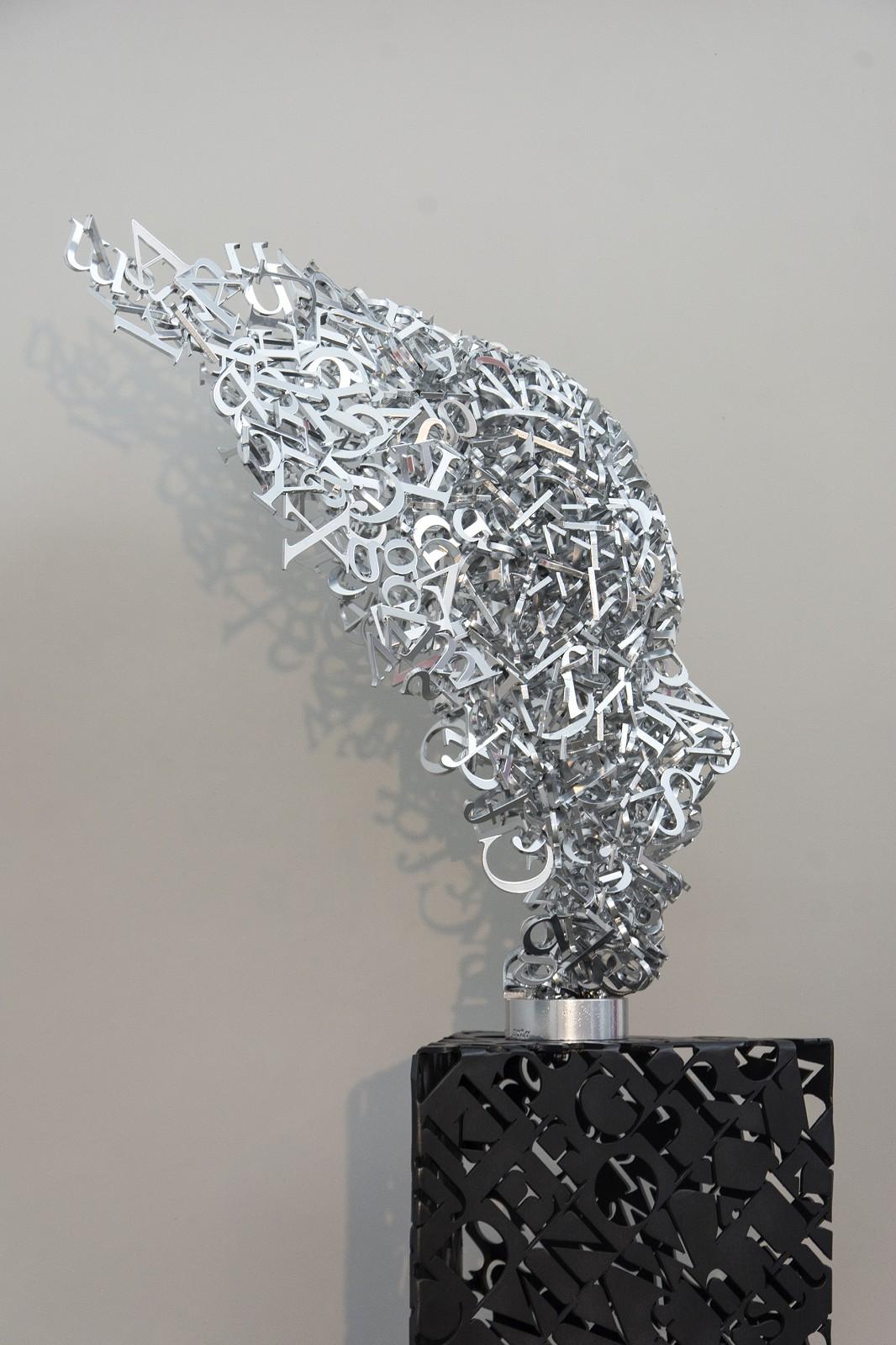 Dale Dunning Figurative Sculpture - Murmuration - tall, metal, abstracted human face, aluminum sculpture