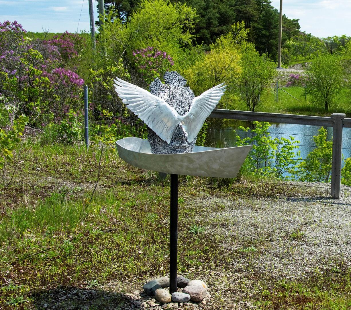 Odyssey - winged figure in boat - outdoor water feature For Sale 5