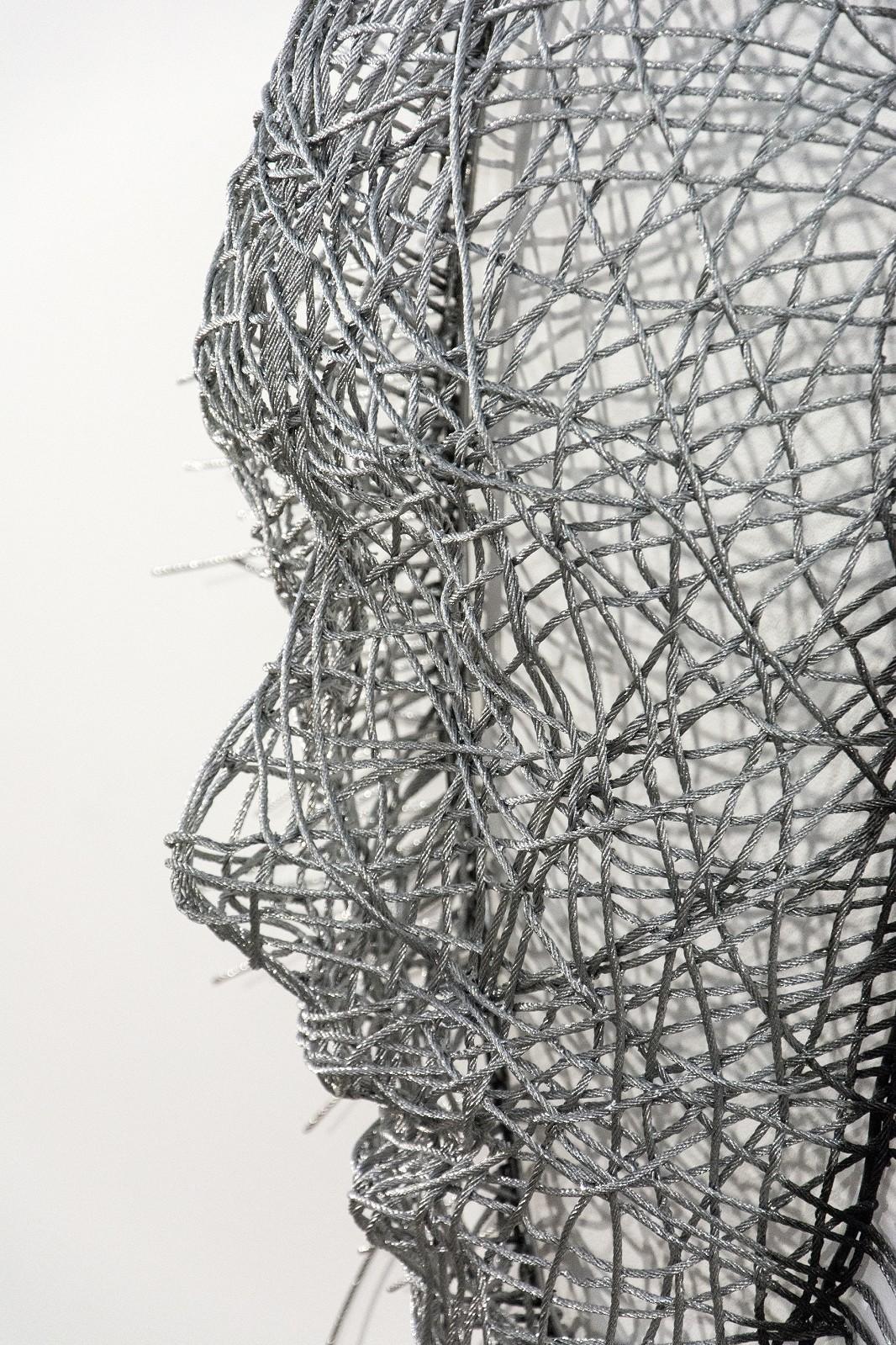 Radiant - silver, abstract human face, steel aircraft cable wall sculpture For Sale 1