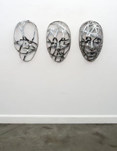 Rapt Triptych - contemporary, figurative masks, tryptic, aluminum wall sculpture
