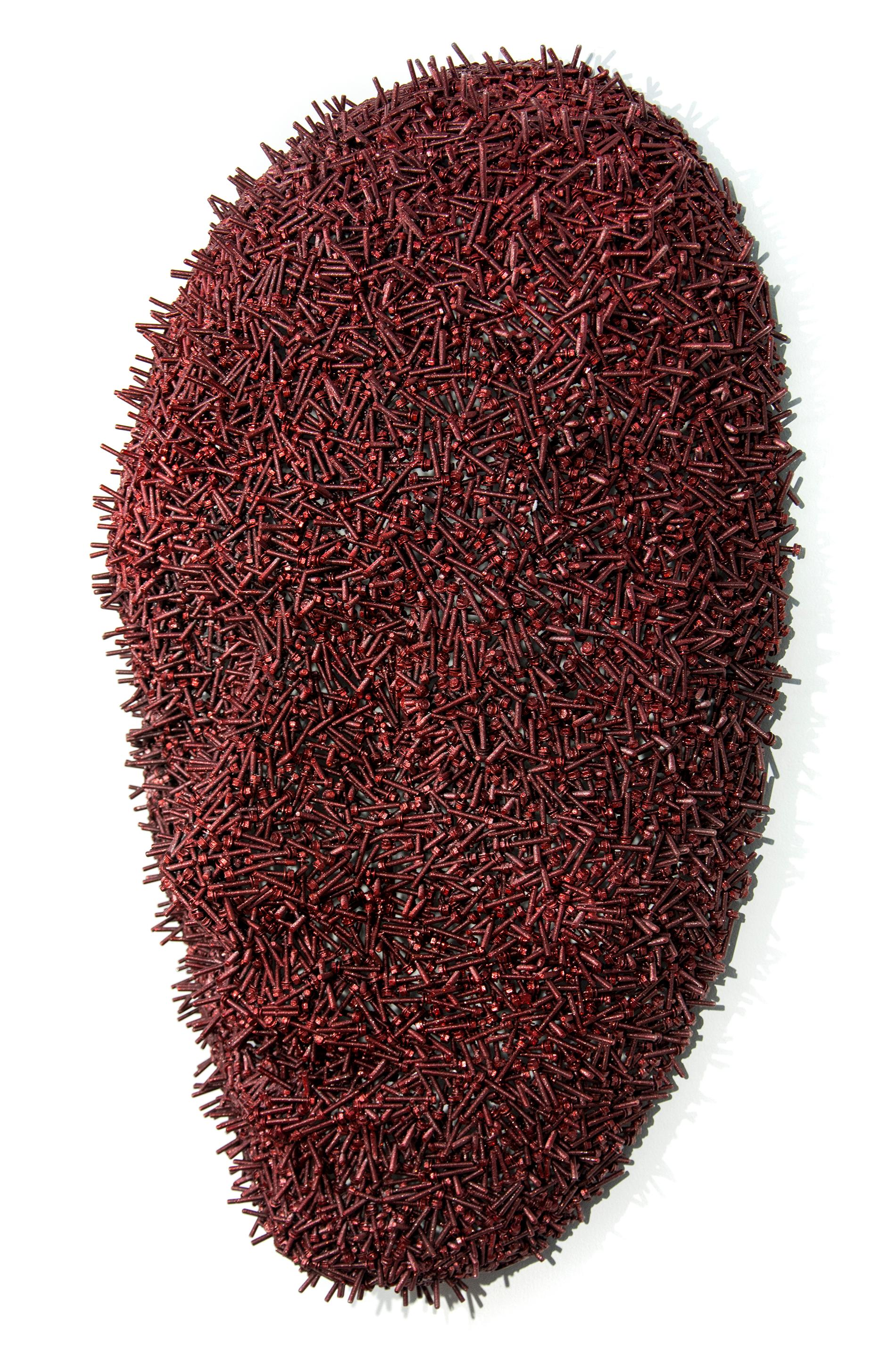 Hundreds of machine screws are pressed and welded into the shape of a large spiky mask in this haunting sculpture by Dale Dunning. The wall mounted, silent face is powder coated in a candy red that glints in the light. The title derives from the
