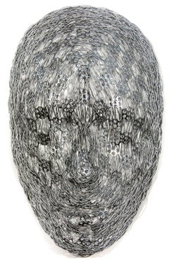 Tangled - silver, abstract human face, stainless steel and cable wall sculpture