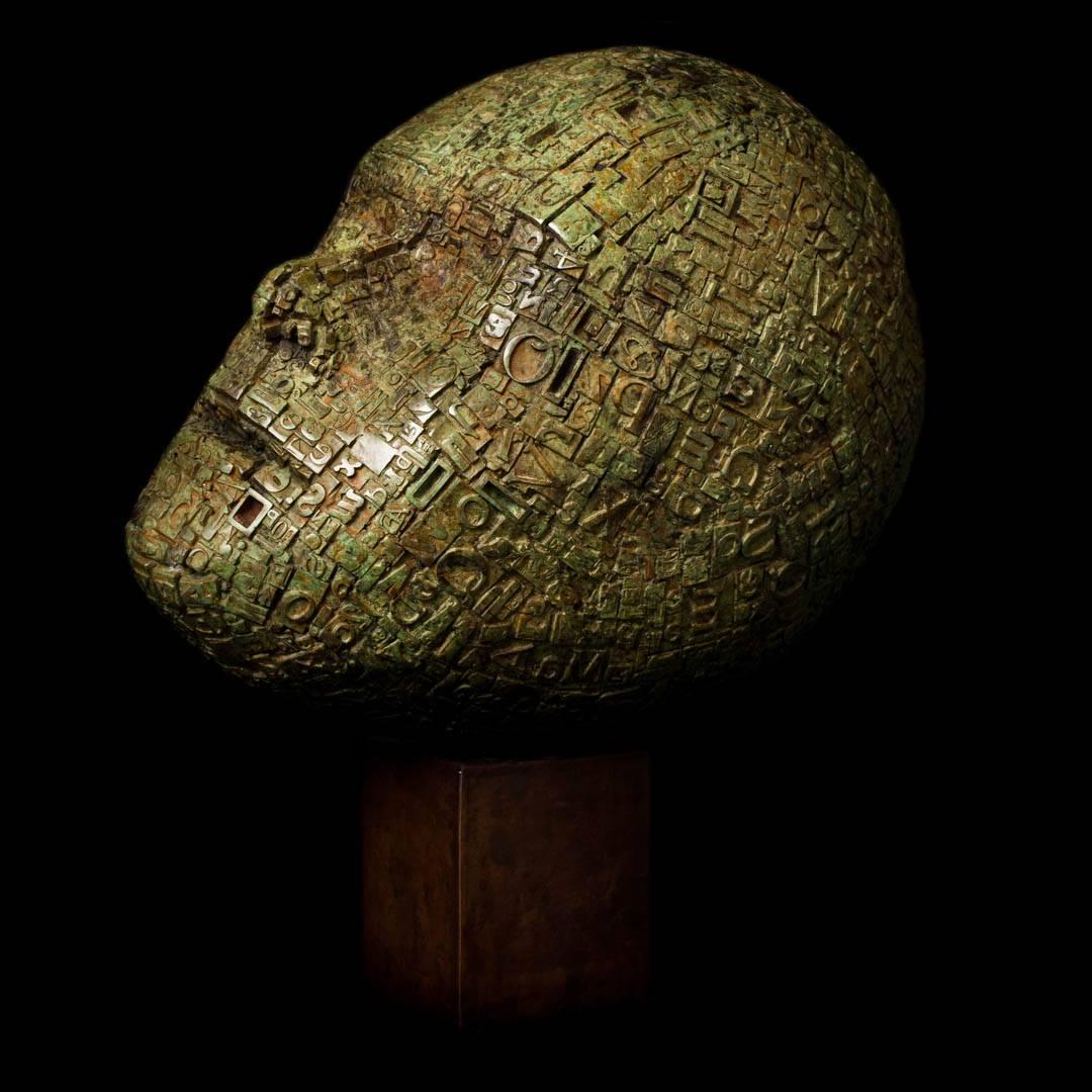 Typecast 2/7 - rustic, gothic, figurative, head, patinated bronze sculpture - Sculpture by Dale Dunning